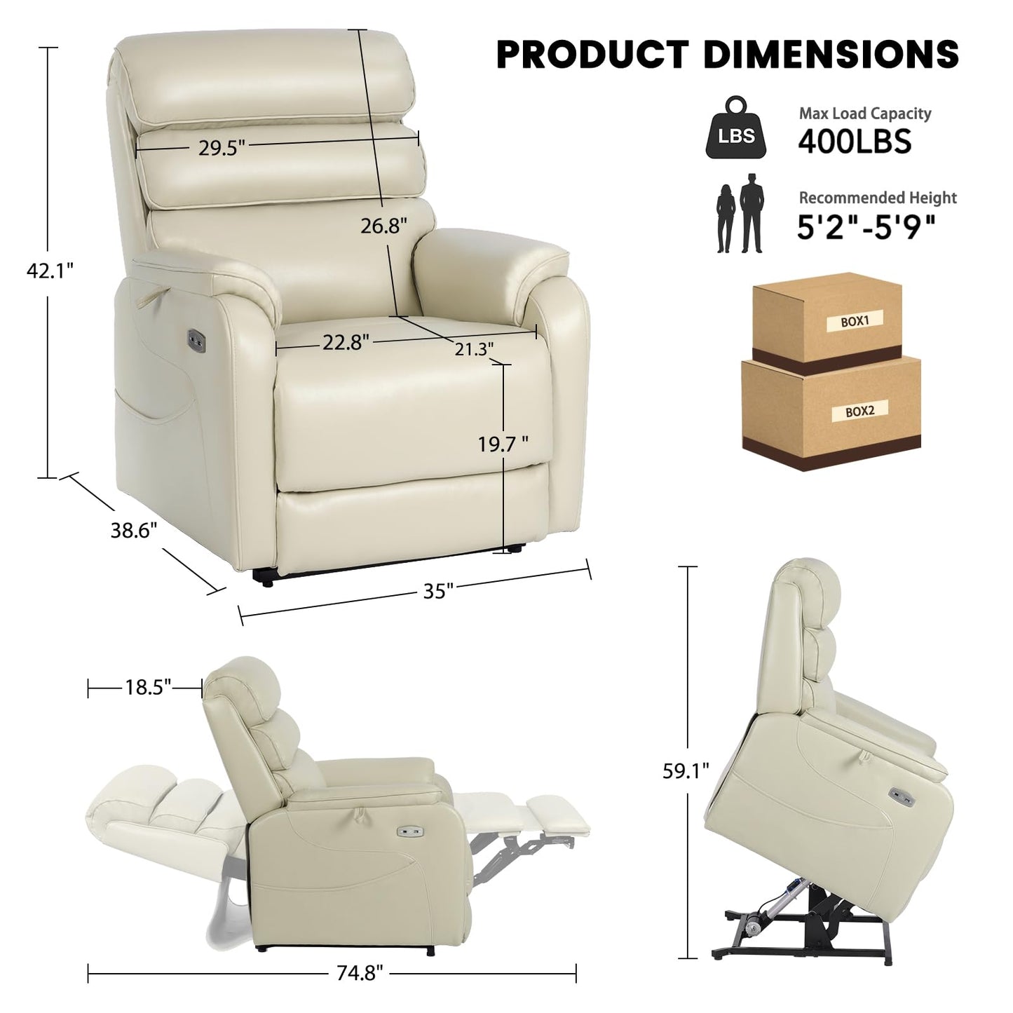 EONIX Dual Motor Lay Flat Power Lift Recliner Chair for Elderly, Breathable Leather Electric Lift Chairs for Adults, 400lbs Heavy Duty Power Recliner with Heat and Massage, SLRY003061, Cream White