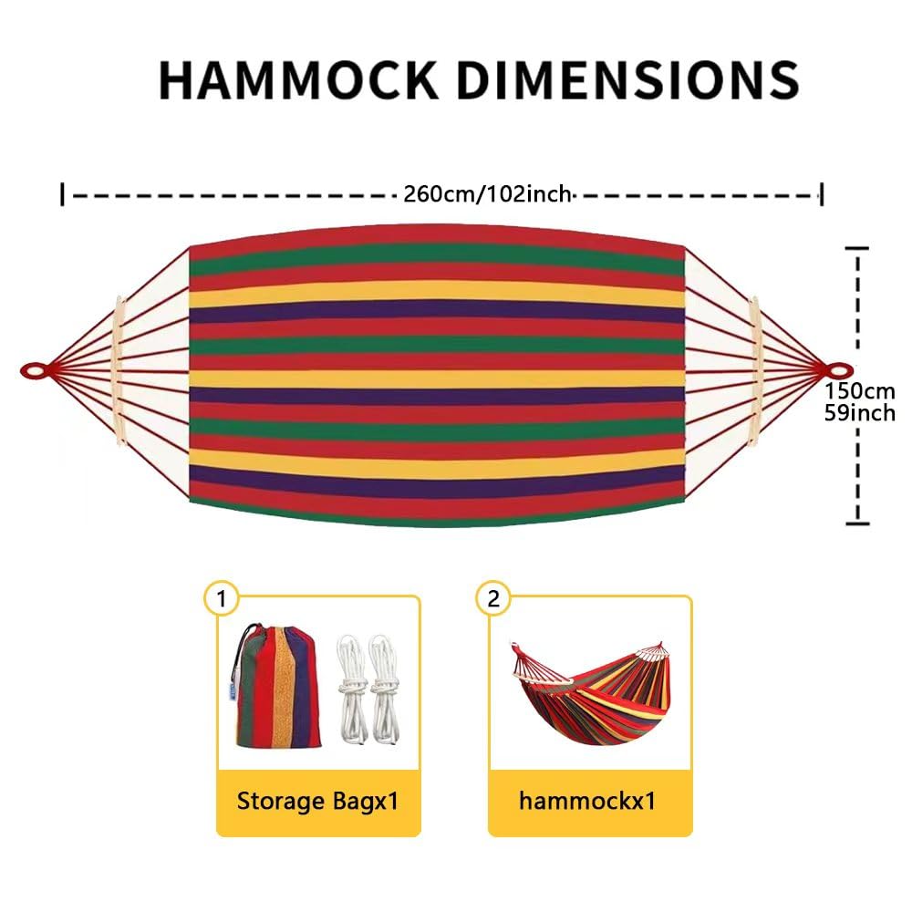 WeiTrust Cotton Canvas Hammock, Comfortable Fabric Camping Hammock with Tree Straps, Up to 440lbs with Travel Bag for Camping Outdoor/Indoor Patio Backyard(Red, with bar)