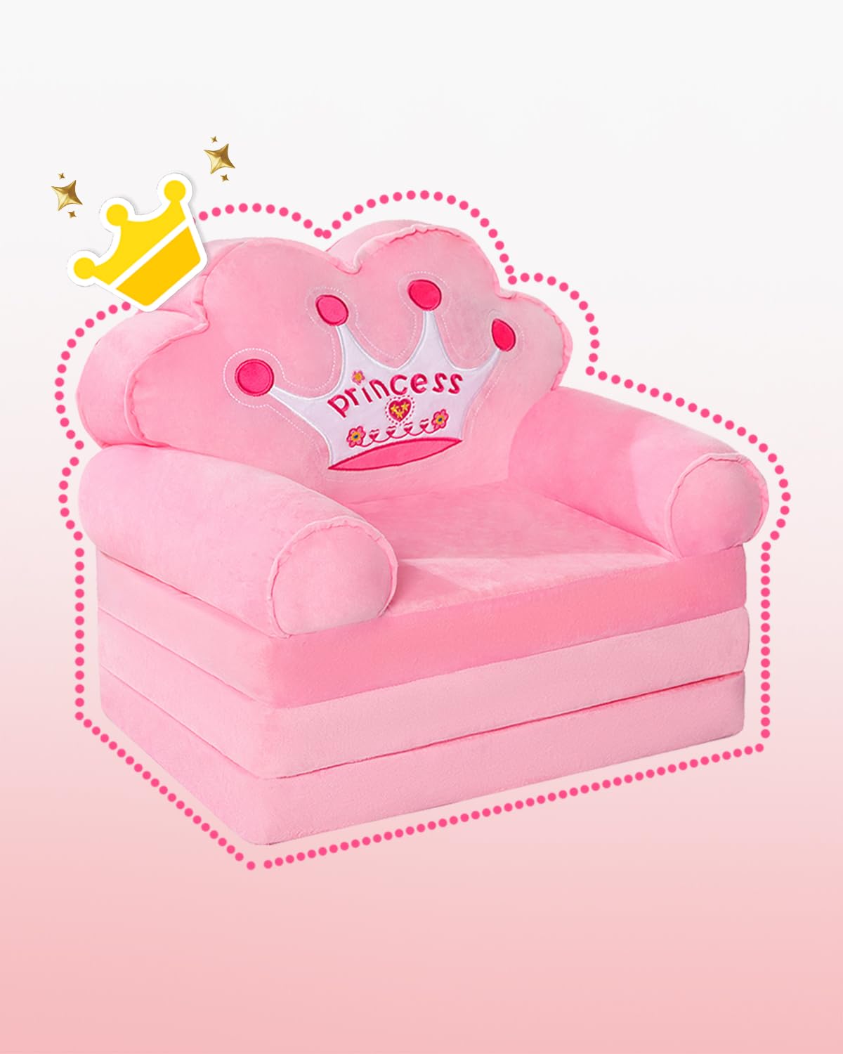 MOONBEEKI Kids Couch Fold Out, Foldable Princess Chair for Toddlers 1-3, Kids Furniture for Playroom, Gift for Birthday Christmas and Halloween（Pink）