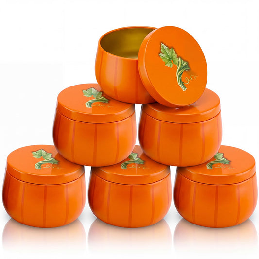 Yungyan 6 Pcs Pumpkin Metal Cookie Candle Tins with Lids 8 oz