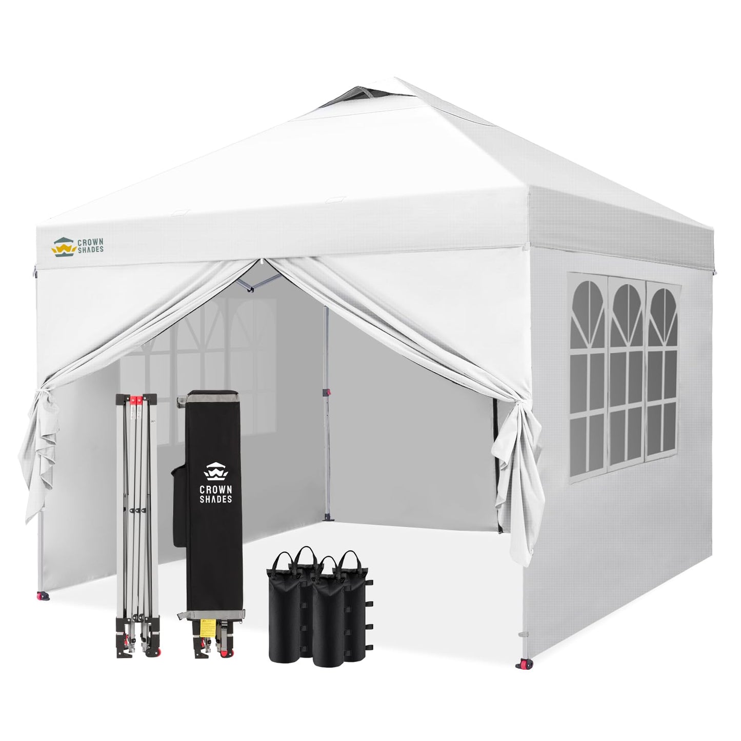 CROWN SHADES 10X10 Pop Up Canopy, Outdoor Camping Canopy Tent, 150D Silver-Coated Fabric, with 4 Sidewalls, 4 Sand Bags, Metal Frame, White