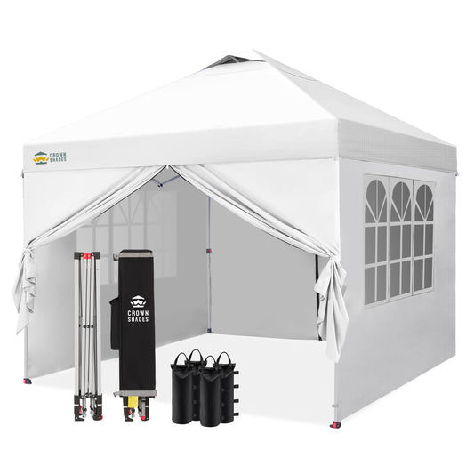 CROWN SHADES 10X10 Pop Up Canopy, Outdoor Camping Canopy Tent, 150D Silver-Coated Fabric, with 4 Sidewalls, 4 Sand Bags, Metal Frame, White