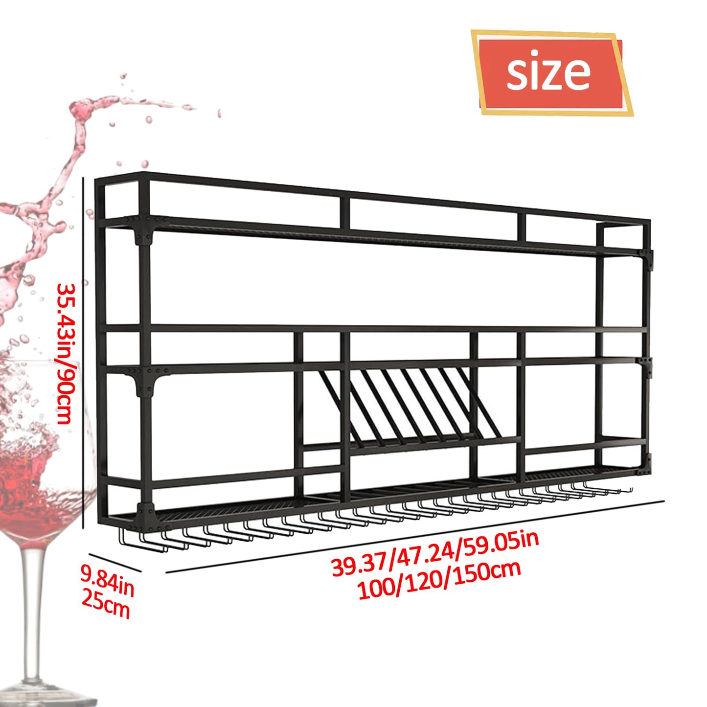 RAJYQODIS 47in Wall Mounted Wine Rack with LED Lights, Floating Industrial Liquor Glass Holder 3 Tiers, Large Metal Wine Bottle Display Rack Hanging Shelf, for Home Bar Dining Room Decorative