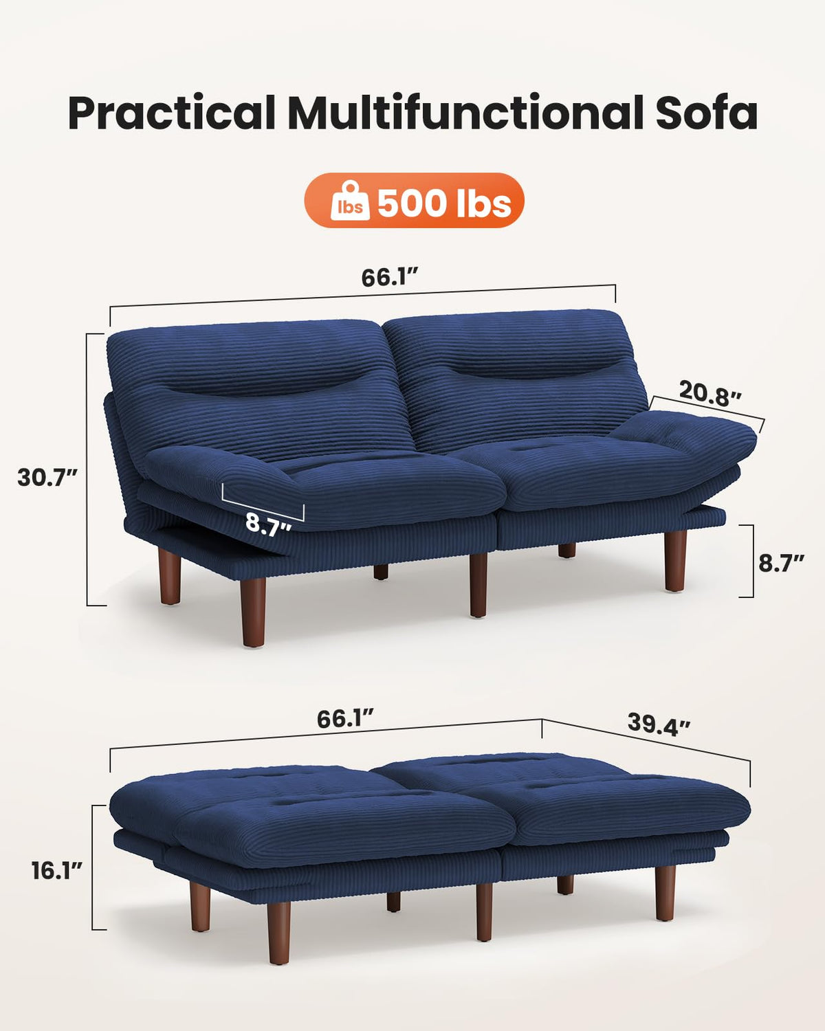 Amada 66 inch Convertible Corduroy Futon Sofa Bed, Blue