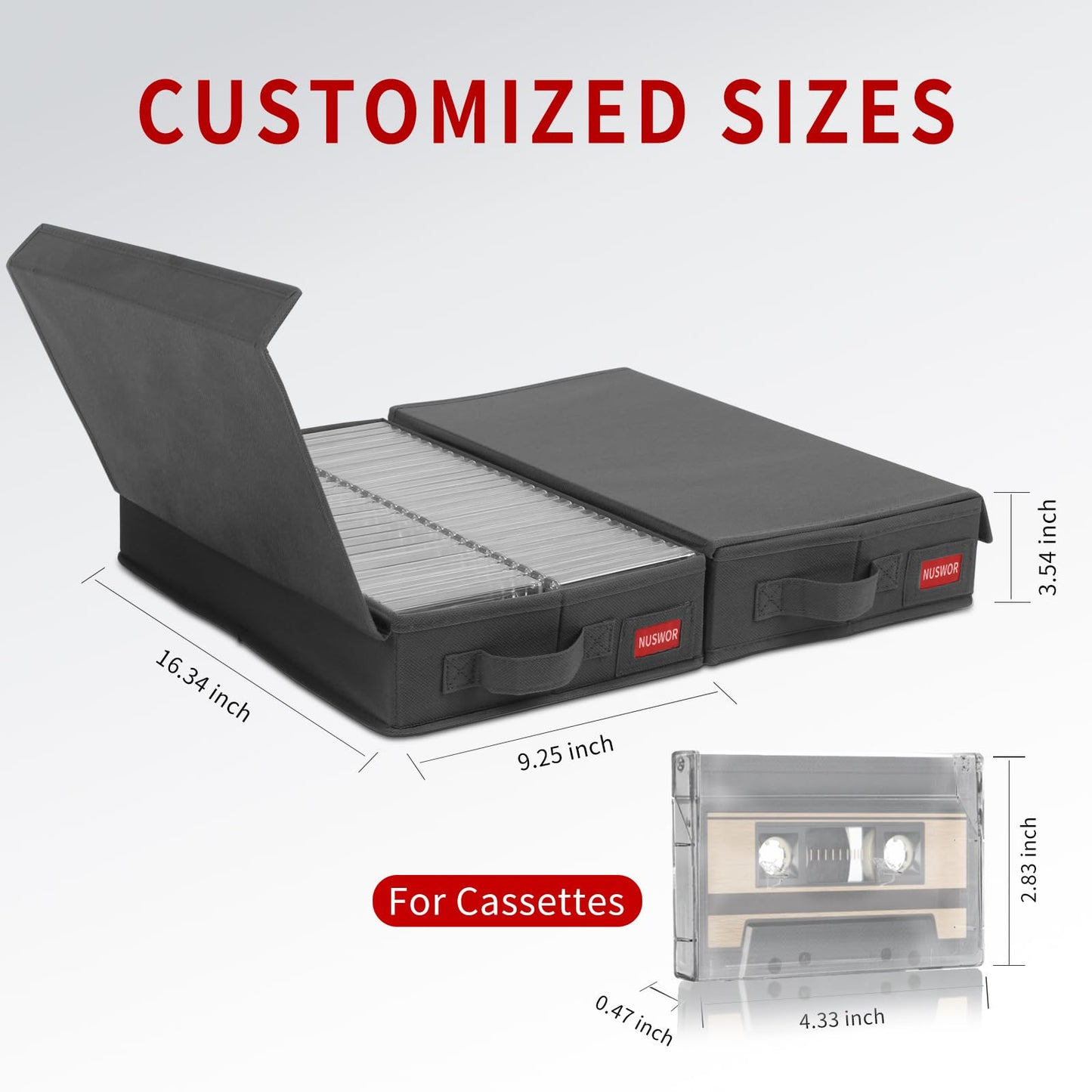 NUSWOR Stackable Cassette Tape Storage Box - Dust-proof Cassette Racks with Lid - Audio Cassette Holder Pack of 3- Holds 144 Cassette Cases - 16.34 x 9.25 x 3.4 Inches – Grey