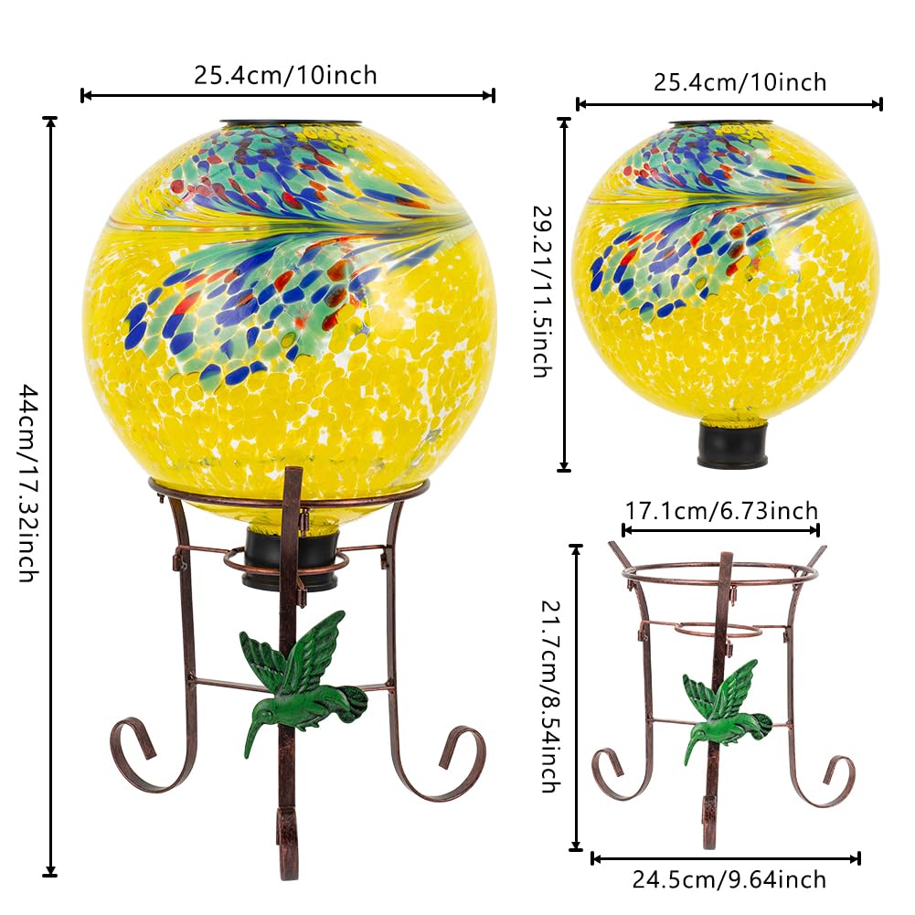 YELENEW 10" Diameter Solar Gazing Ball and 8.5" Metal Stand Indoor Outdoor Glass Globe Sphere Yard Art Ornament Solar Gazing Balls for Garden,Lawn,Porch,Patio Gardening Gift for Women(Yellow)