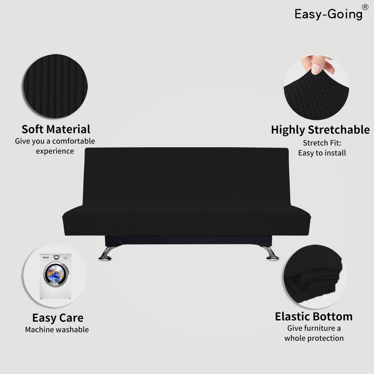 Easy-Going Stretch Large Futon Slipcover Armless Futon Cover Black