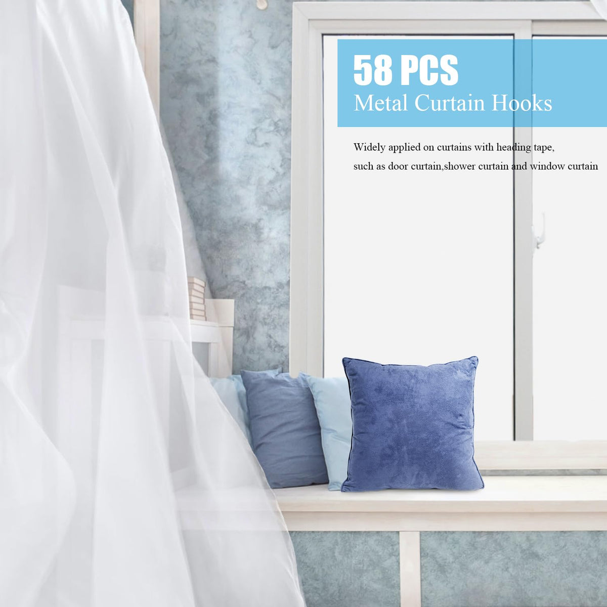 Sopito 58Pcs Curtain Hooks for Door Window Shower Curtain, Silver White