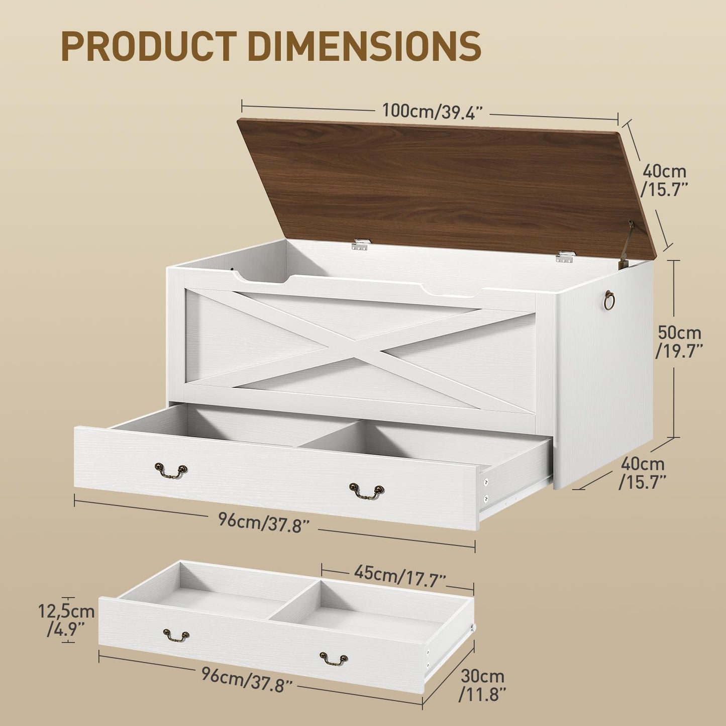RALGEND Toy Chest, 39.4" Storage Chest with Drawer and Pull Handles, Wooden Storage Bench with Lift Top, Storage Trunk for Living Room, Bedroom, Entrance, White and Walnut