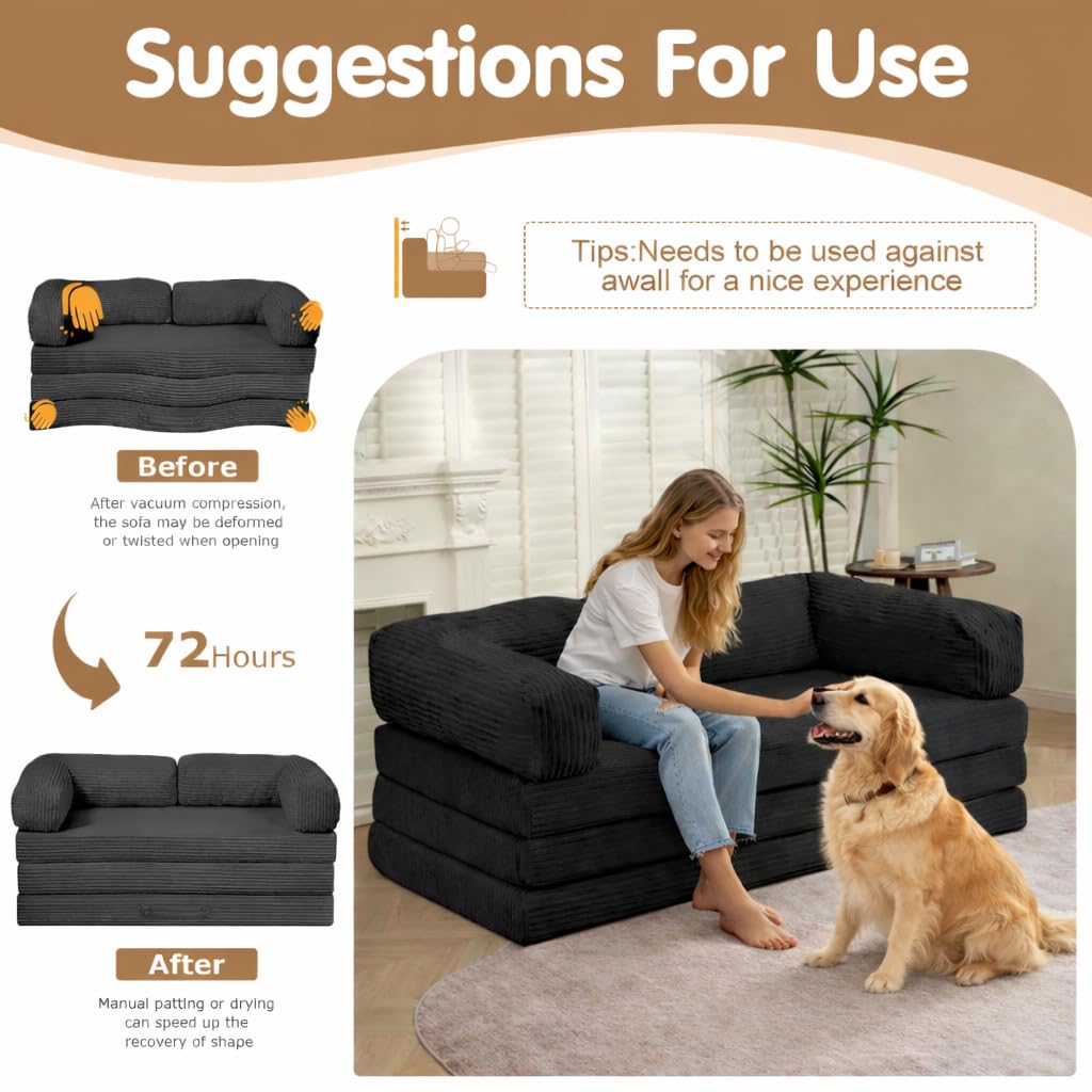 Convertible Sofa Bed Queen,5-in-1 Tri-Fold Boneless Couch with Removable Armrests & Handle,Corduroy Futon Sleeper Sofa,Floor Folding Mattress Pull Out Bed for Small Space Living Room Bedroom,Black