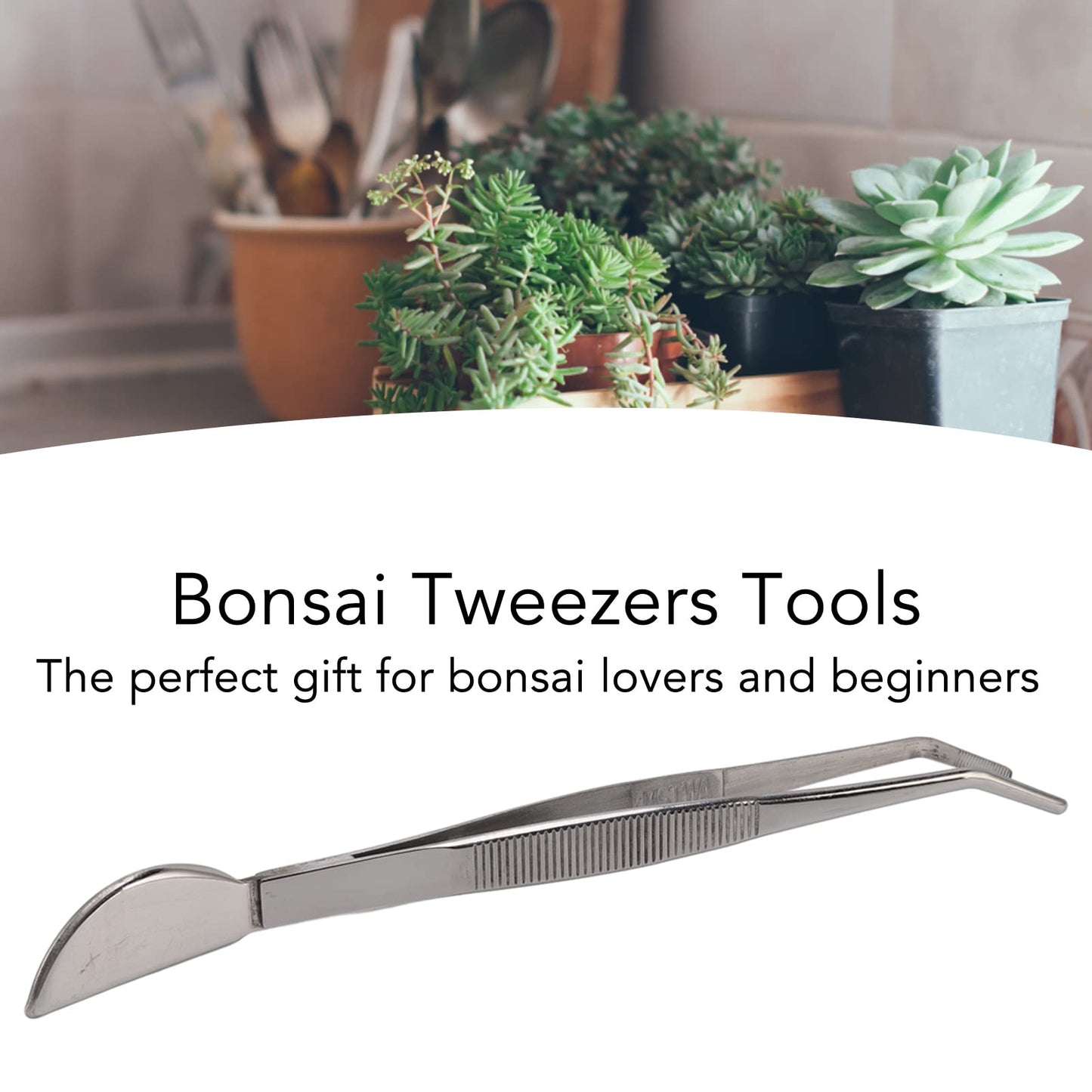 TOPINCN Bonsai Tweezers, Stainless Steel Long Plant Tweezers with Moon Spatula Head, Home Garden Potted Loosening Soil Plan Grass (Bent)