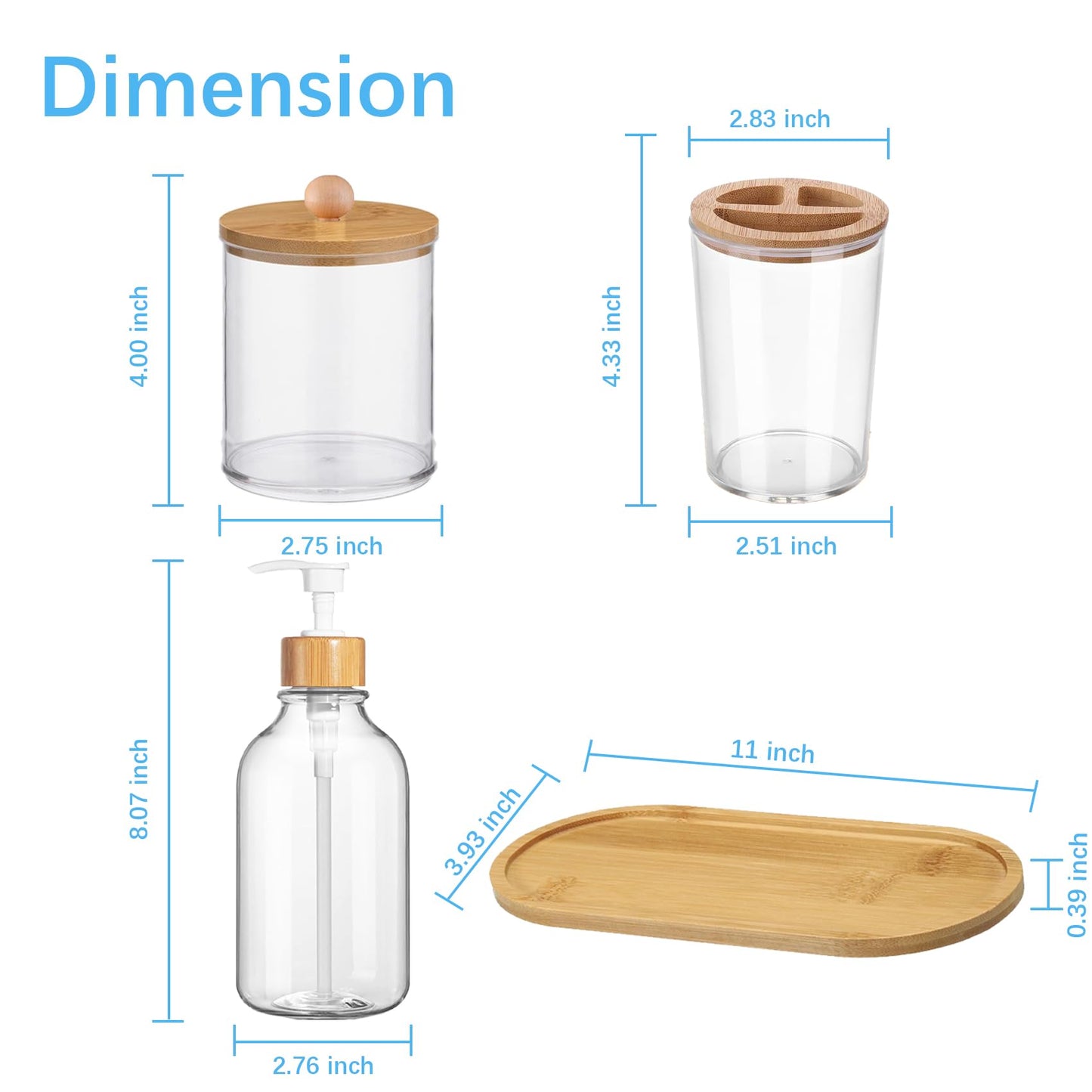 5 Pack Bamboo Bathroom Accessories Set with Tray - Plastic Soap Dispenser Clear Toothbrush Holder and 2 Qtip Holder Cotton Ball Container Jar