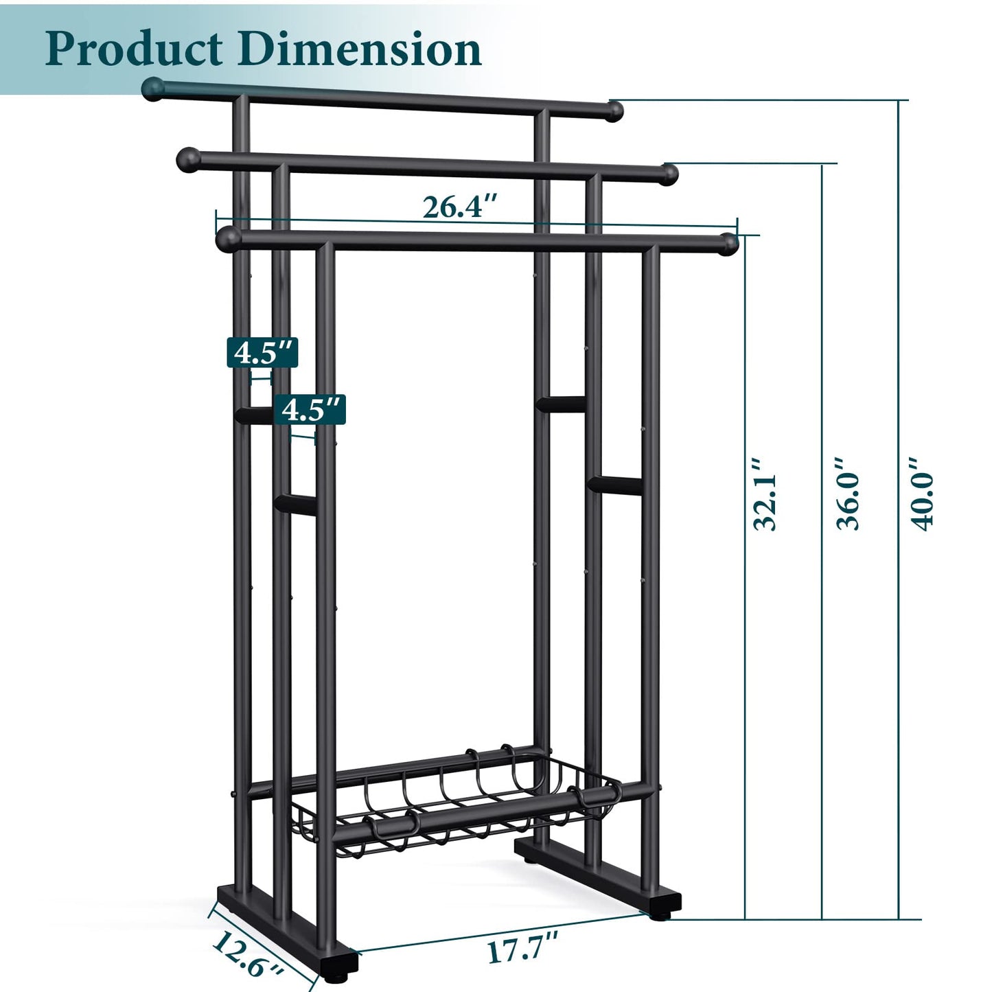 Kayfia 40" H Free Standing Towel Rack, 3 Tier Alloy Steel Stand with Basket, Blanket Drying and Display Rack for Oversized Bath Towels Bathroom Accessories, Next to Tub or Shower