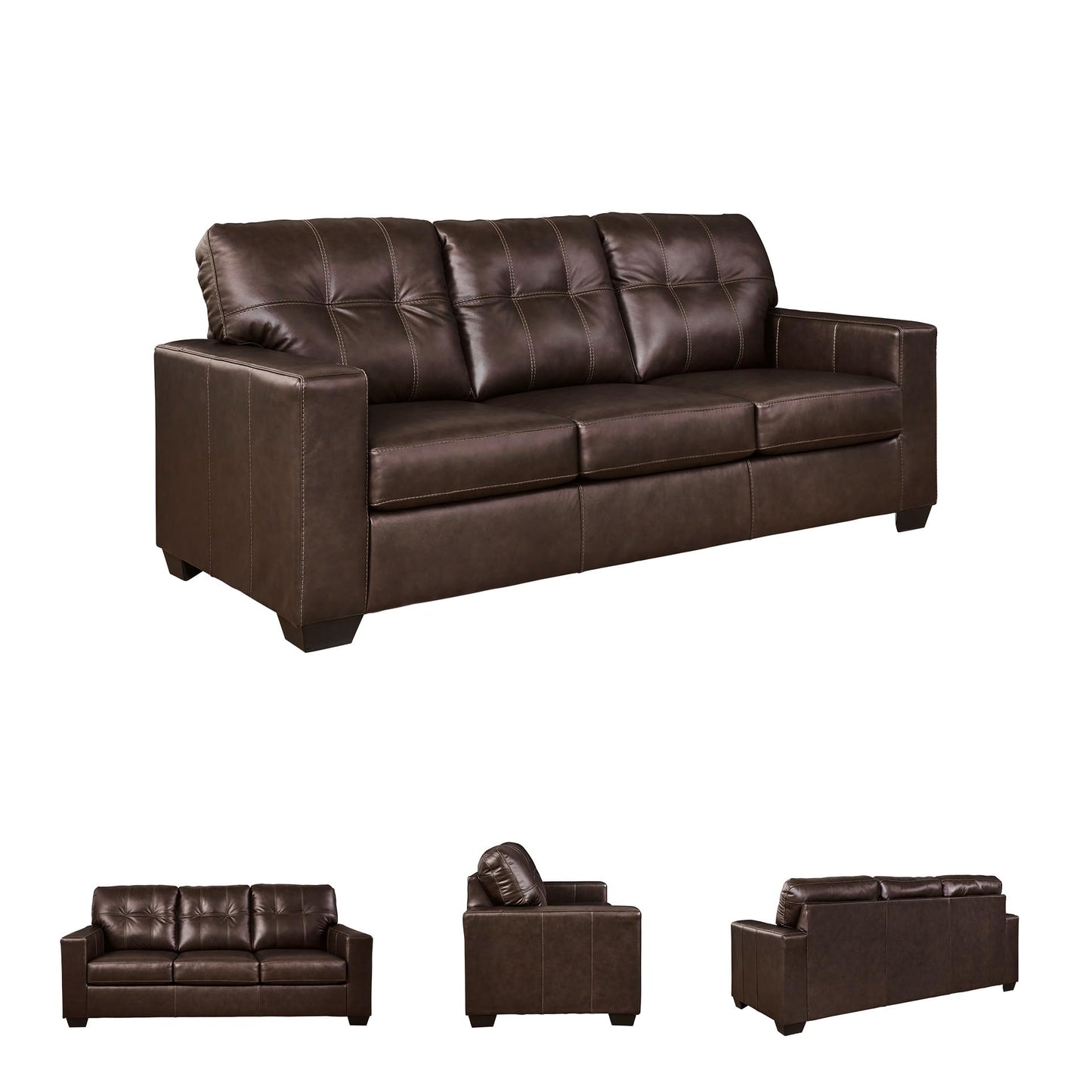 Signature Design by Ashley Santorine Classic Leather Match Tufted Sofa Sleeper with Removable Seat Cushions and Bi-Fold Memory Foam Mattress, Queen, Dark Brown