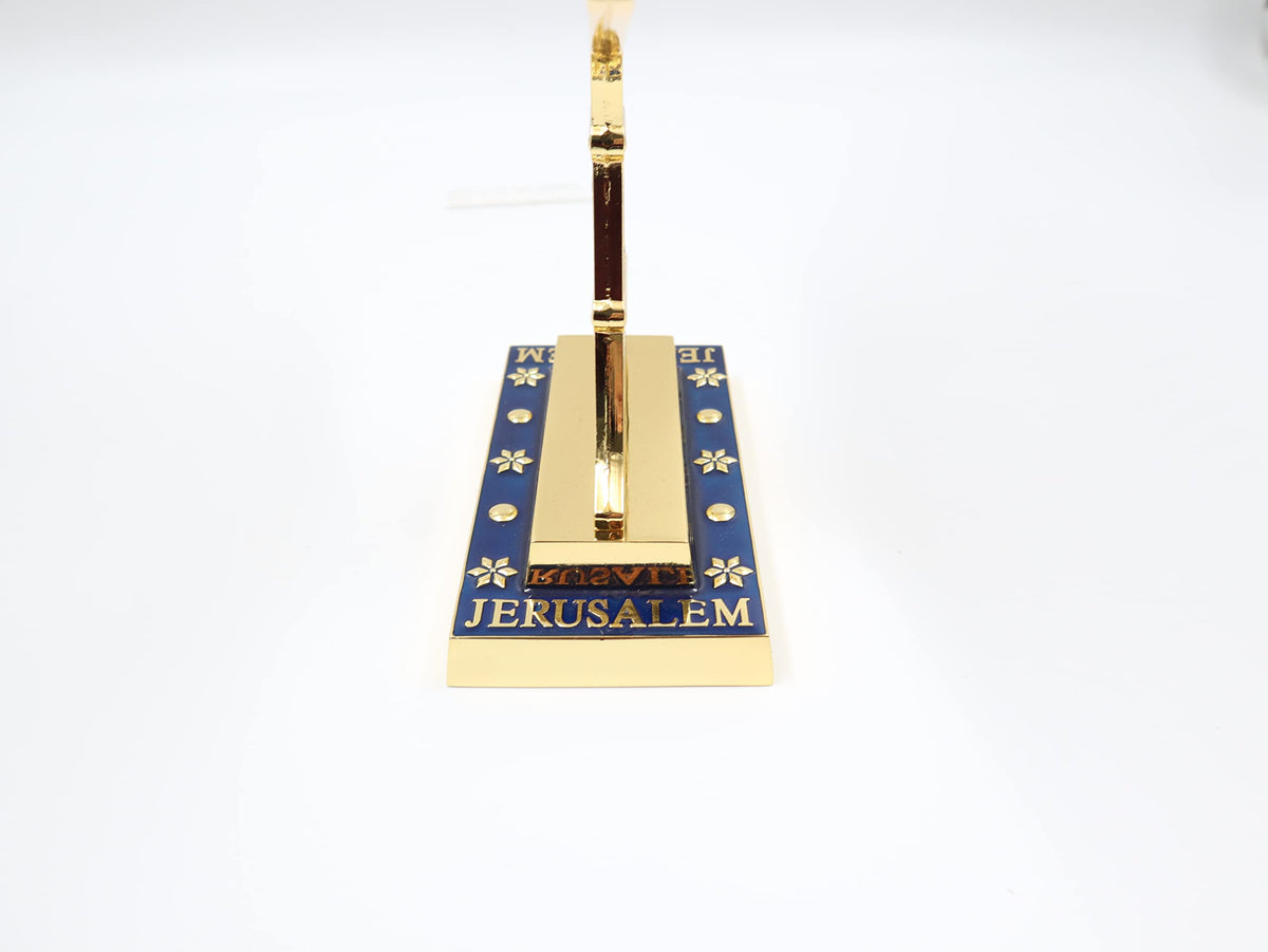 Ateret Judaica 7 Branch Temple Menorah, Blue Enamel Jerusalem Design with 12 Tribes of Israel, Biblical Seven Candle Holder (10.8 inch)