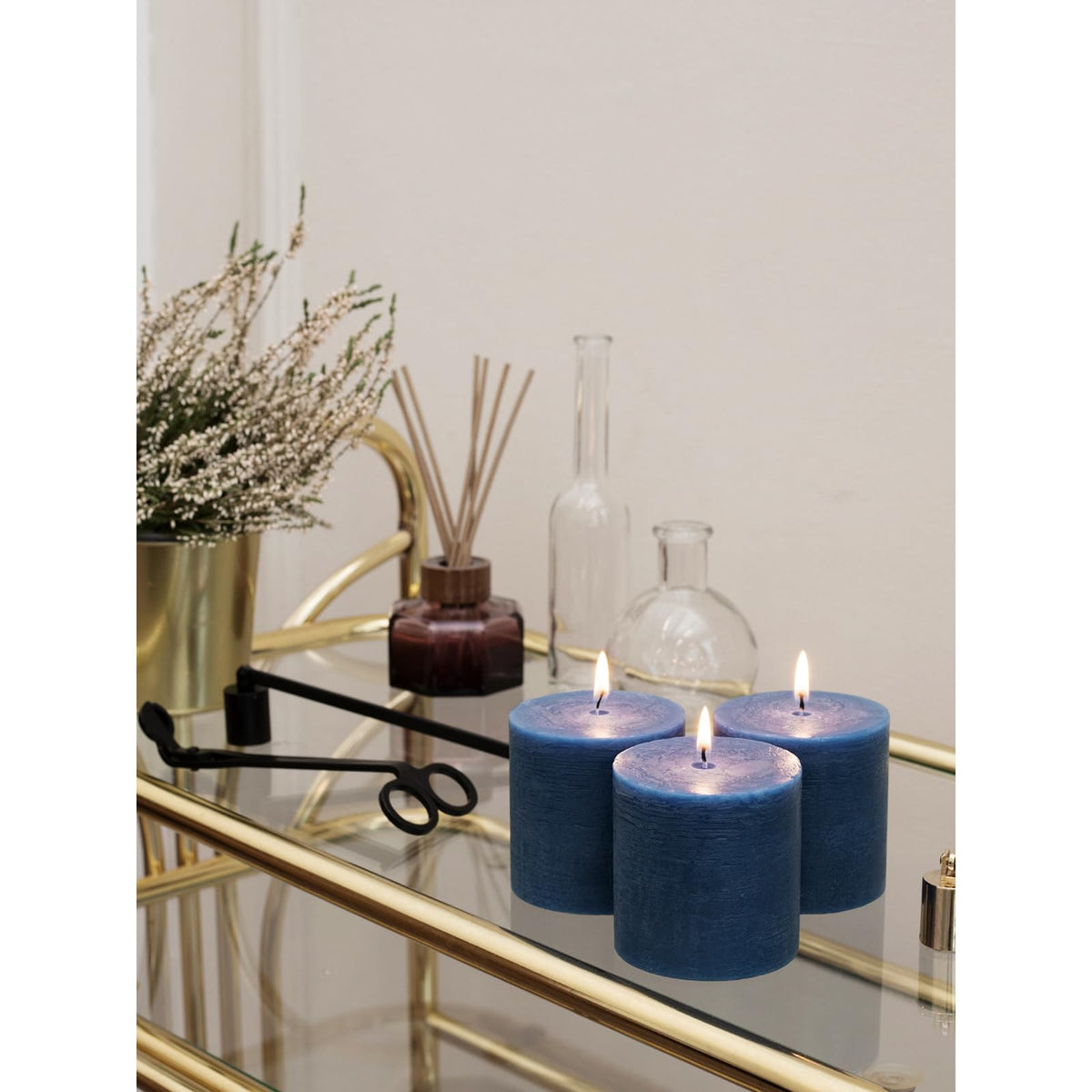 CANDWAX 3x3 Pillar Candles Set of 3 - Rustic Unscented No Drip Dark Blue Candles for Home Decor, Weddings, Centerpieces