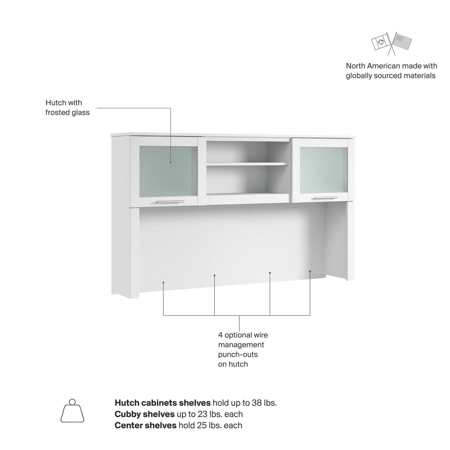 Bush Home 60-Inch Desk Hutch, Office Storage Organizer with Shelves, Cubbies and Frosted Glass Doors for Computer Desk, Home Office Furniture, Somerset Collection, White