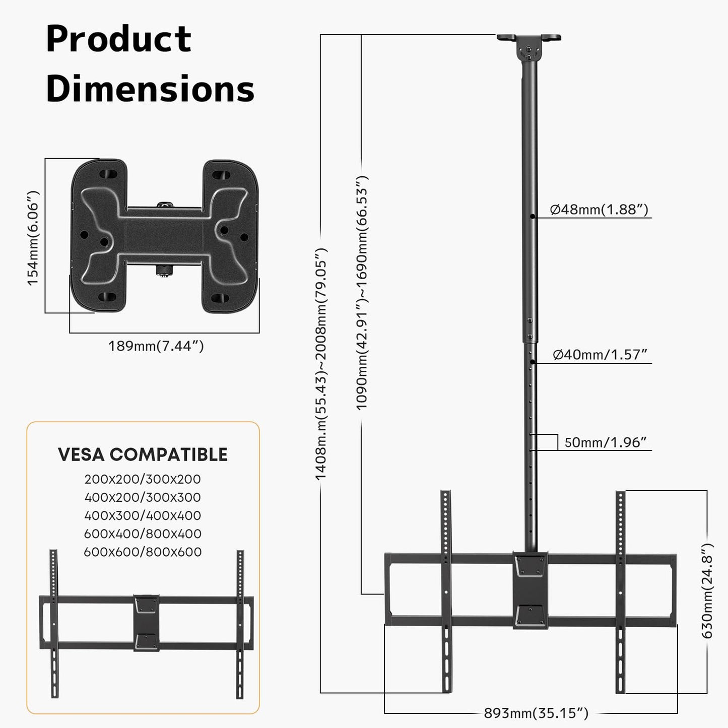 Ceiling TV Mount – Adjustable Hanging Ceiling TV Bracket Fits Max 100 inch LCD LED OLED 4K TVs,Pole Ceiling Mount Supports up to 176lbs, Max VESA 800x600mm,Black