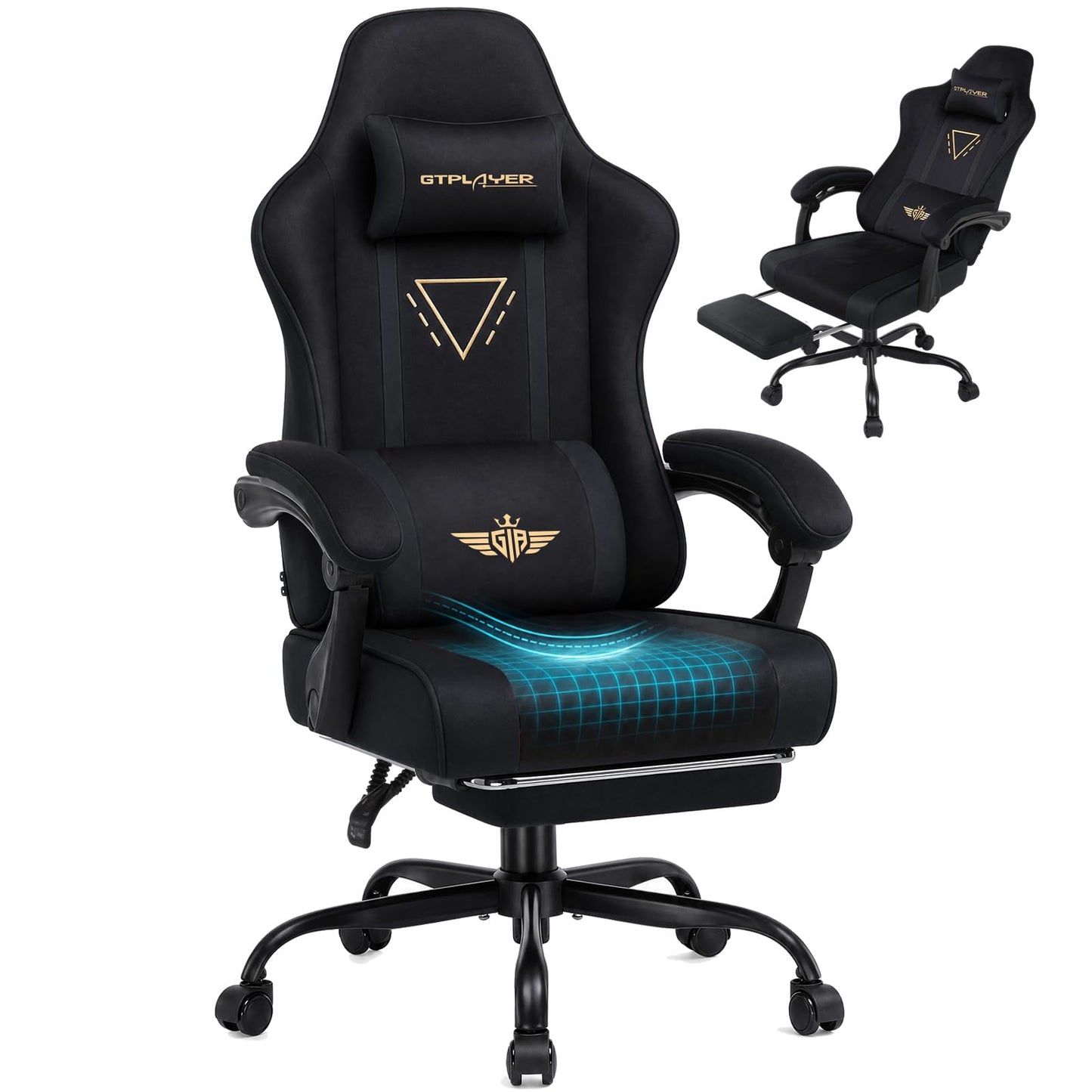 GTPLAYER Video Gaming Chair Fabric, Ergonomic Computer Chair with Footrest and Pocket Spring Cushion, Height Adjustable Video Gamer Chair with Lumbar Support for Adults, Black