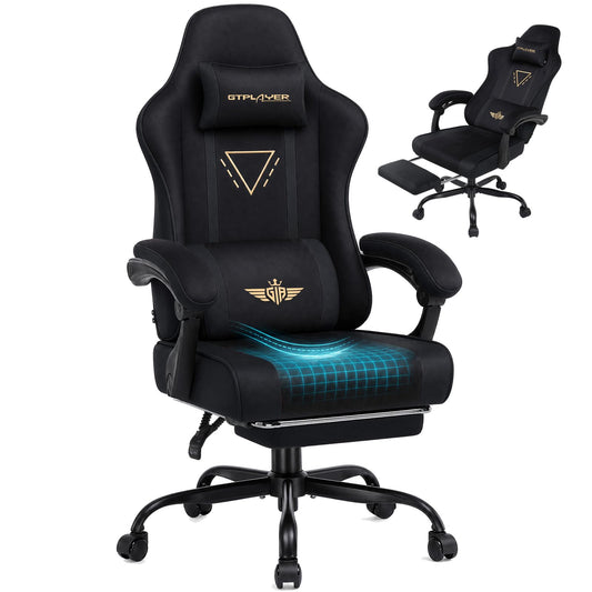 GTPLAYER Video Gaming Chair Fabric, Ergonomic Computer Chair with Footrest and Pocket Spring Cushion, Height Adjustable Video Gamer Chair with Lumbar Support for Adults, Black