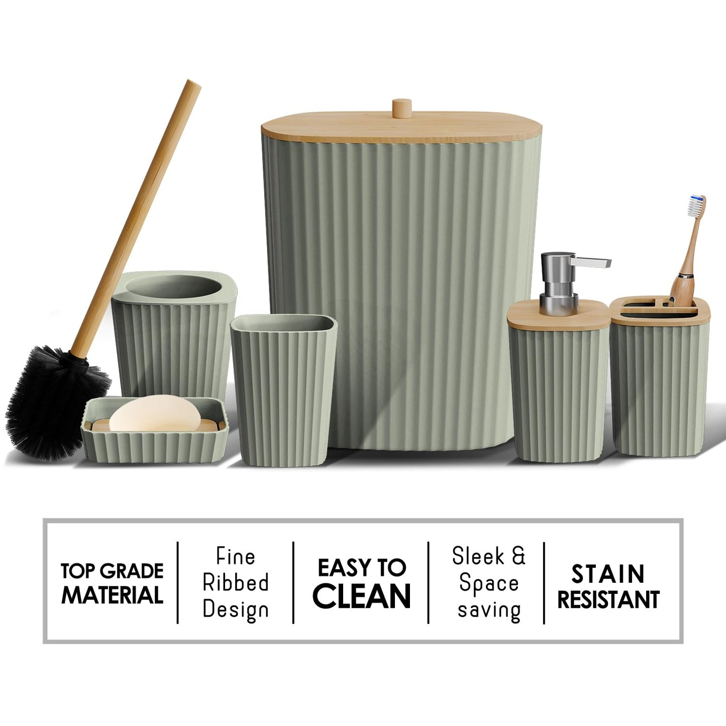 Clara Clark Bathroom Set - Sage Green Bathroom Accessories Set, 6PC Bathroom Accessory Set, Bathroom Sets with Toilet Brush, Trash Can & Soap Dispenser