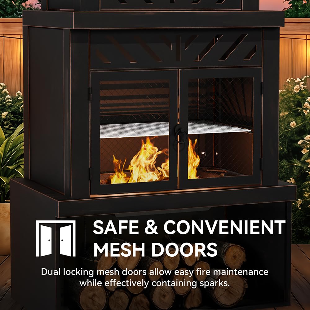 Gardenbee 31.5" Outdoor Wood Fireplace with Chimney and Wood Storage, Fireplace with Fire Pocker, BBQ Grill & Gloves, Outside Removable Fire Pit for Patio, Garden and Deck, Black