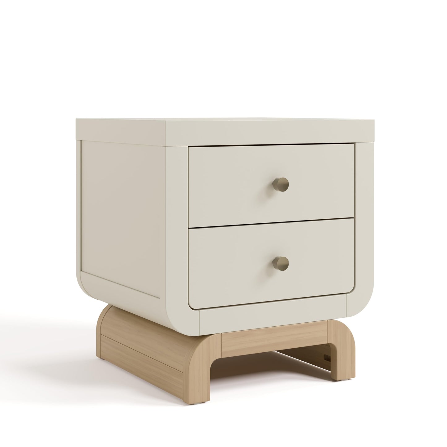 Storkcraft Santorini 2 Drawer Nightstand (Frosted Oat & Driftwood) - GREENGUARD Gold Certified Nightstand for Kids Bedroom, Premium Wood with Curved Base, “Champagne” Metal Knobs