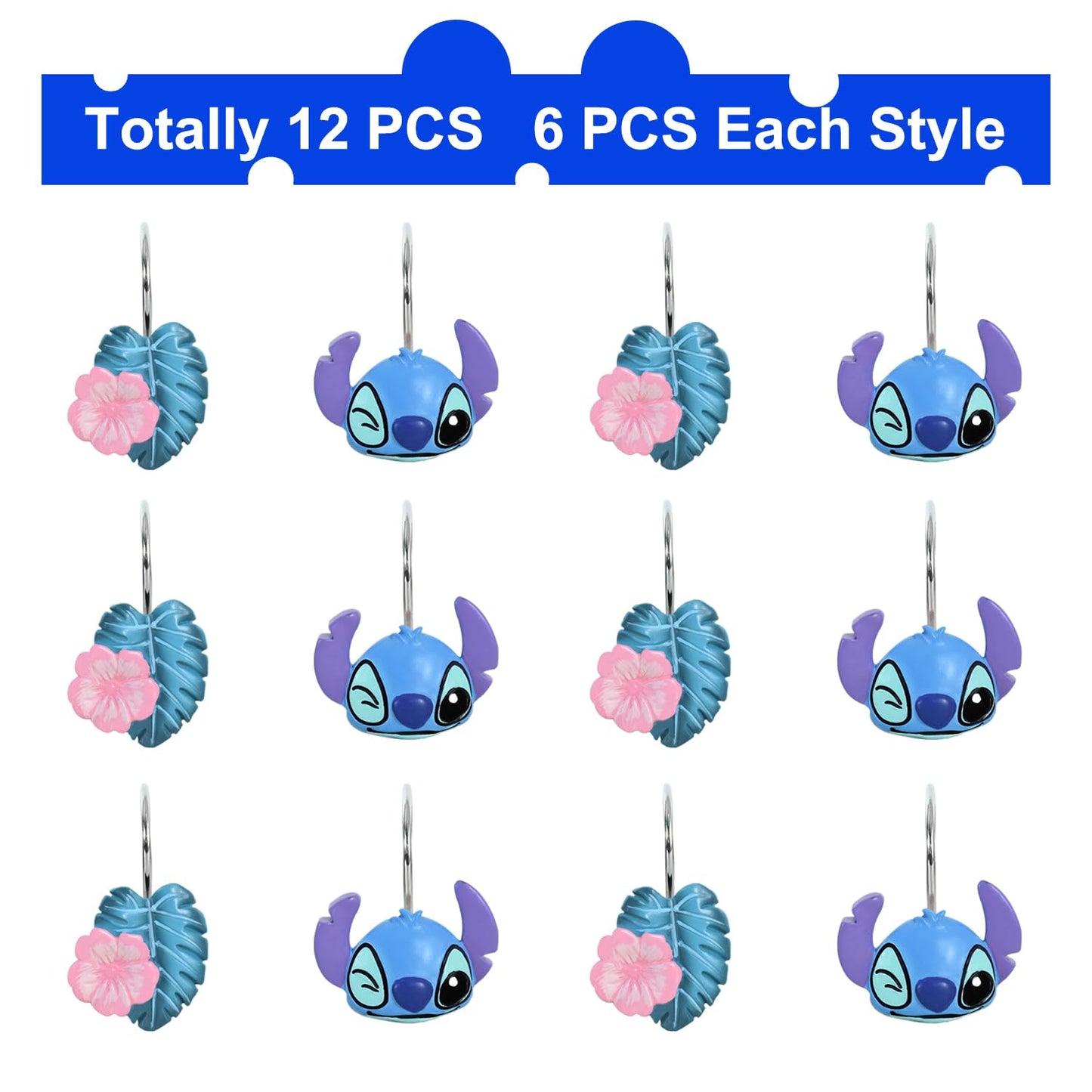 CTOHN 12-Piece Blue Cute Shower Curtain Hooks, Decorative Stainless Steel Shower Hangers Rings for Bathroom