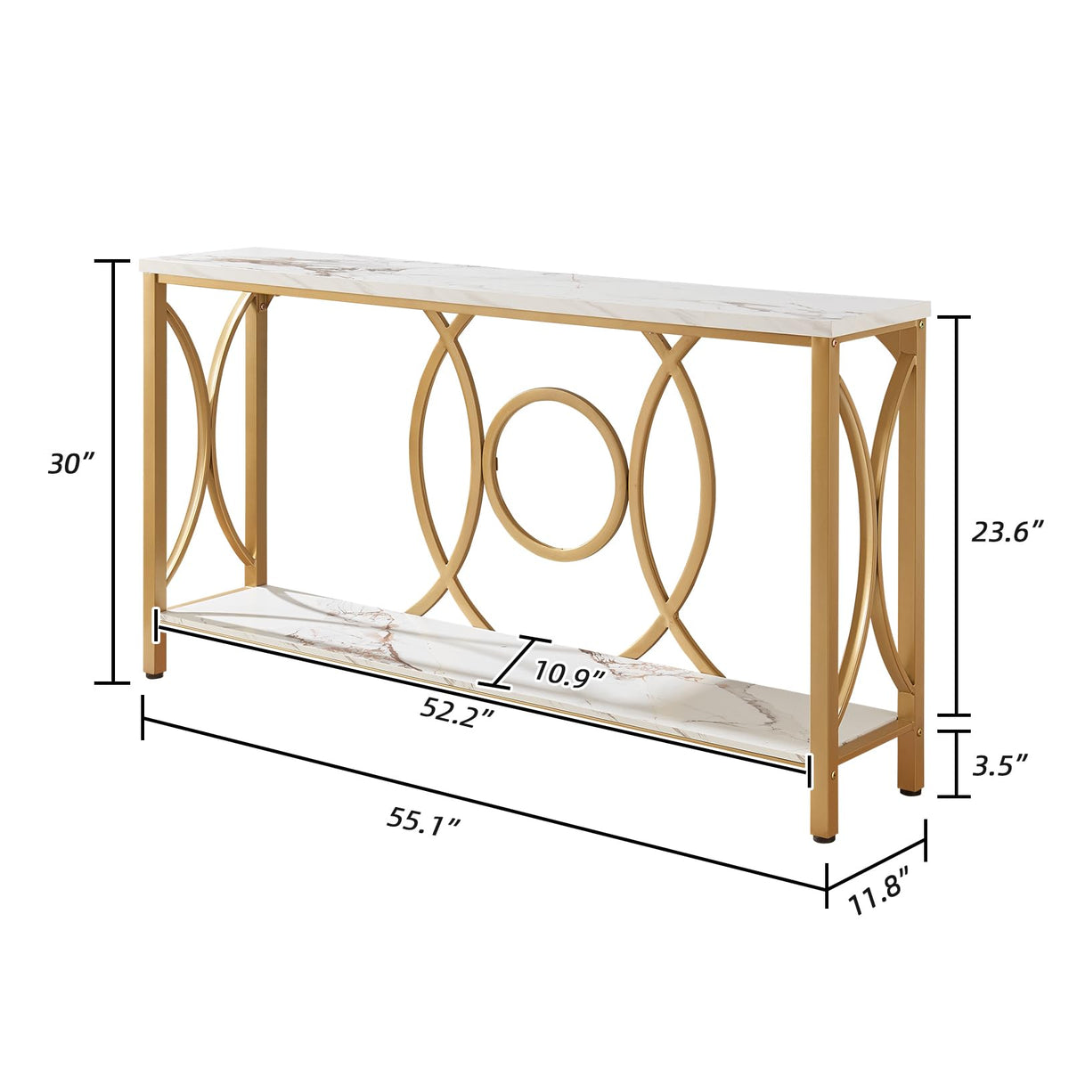 Entryway Narrow Console Table, 55 Inch Long Gold Sofa Table, White Marble
