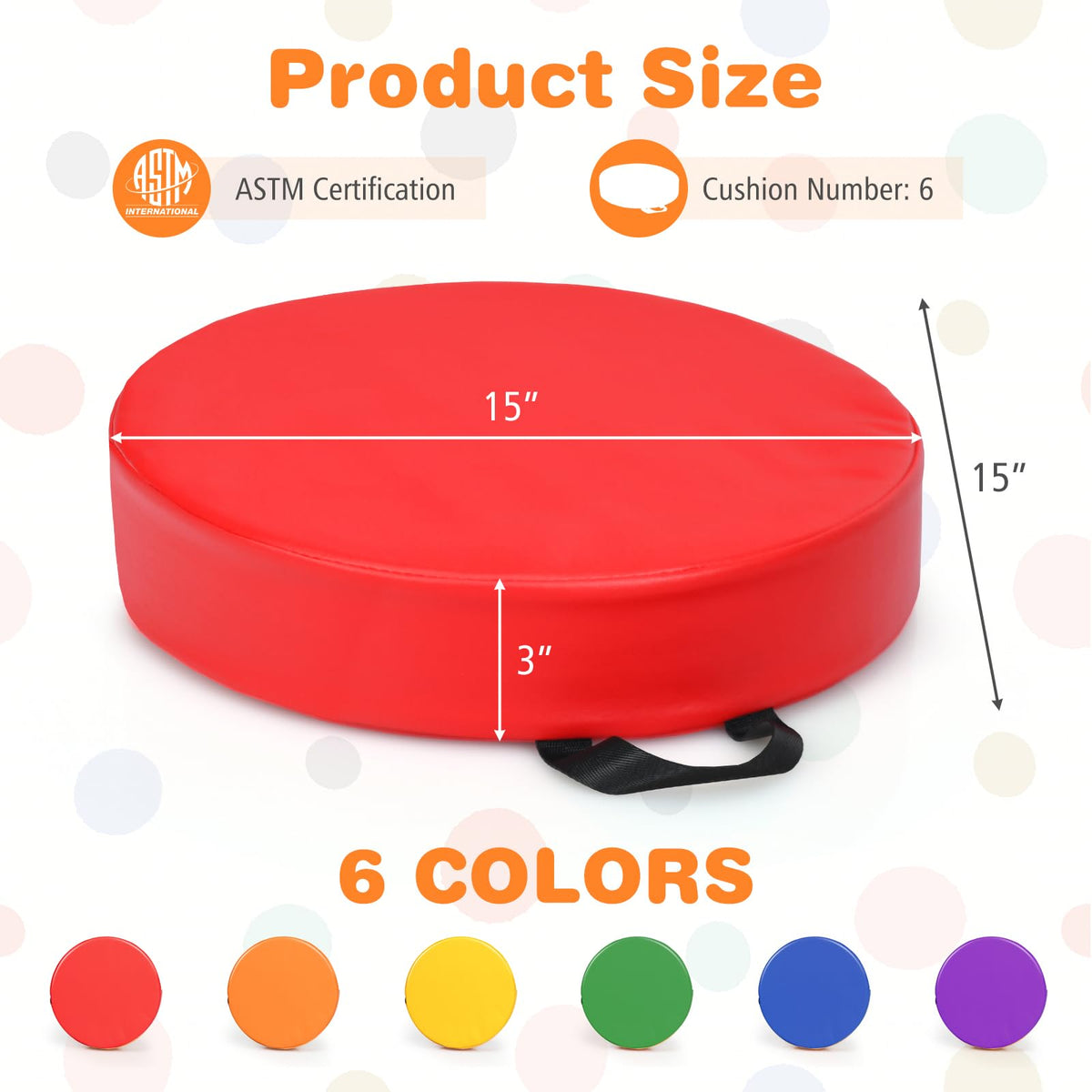 DORTALA 6 PCS Flexible Seating Floor Cushions, PU + EPE Portable Classroom Cushion w/Handles, Stackable Seating Cushions for Classroom, Daycare, Preschool (Rainbow, Round)