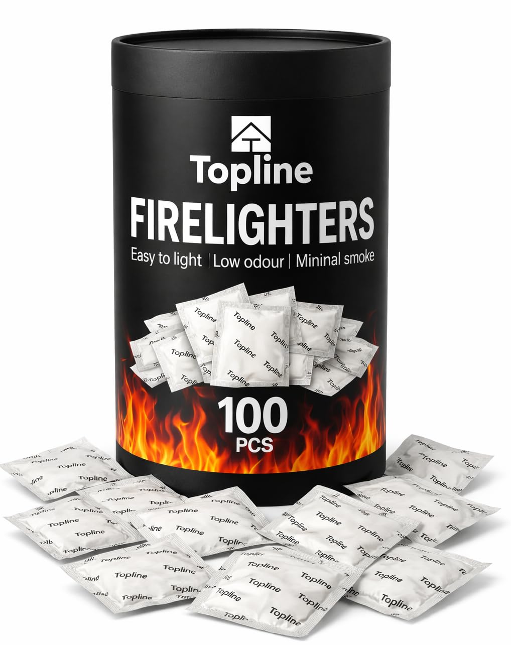 Topline 100 Fire Starters for Fireplace, Wood Stove, Charcoal BBQ & Campfire — Waterproof Odorless Fire Starter Sachets, Quick-Light Indoor & Outdoor Firestarter Pouches in Storage Tube