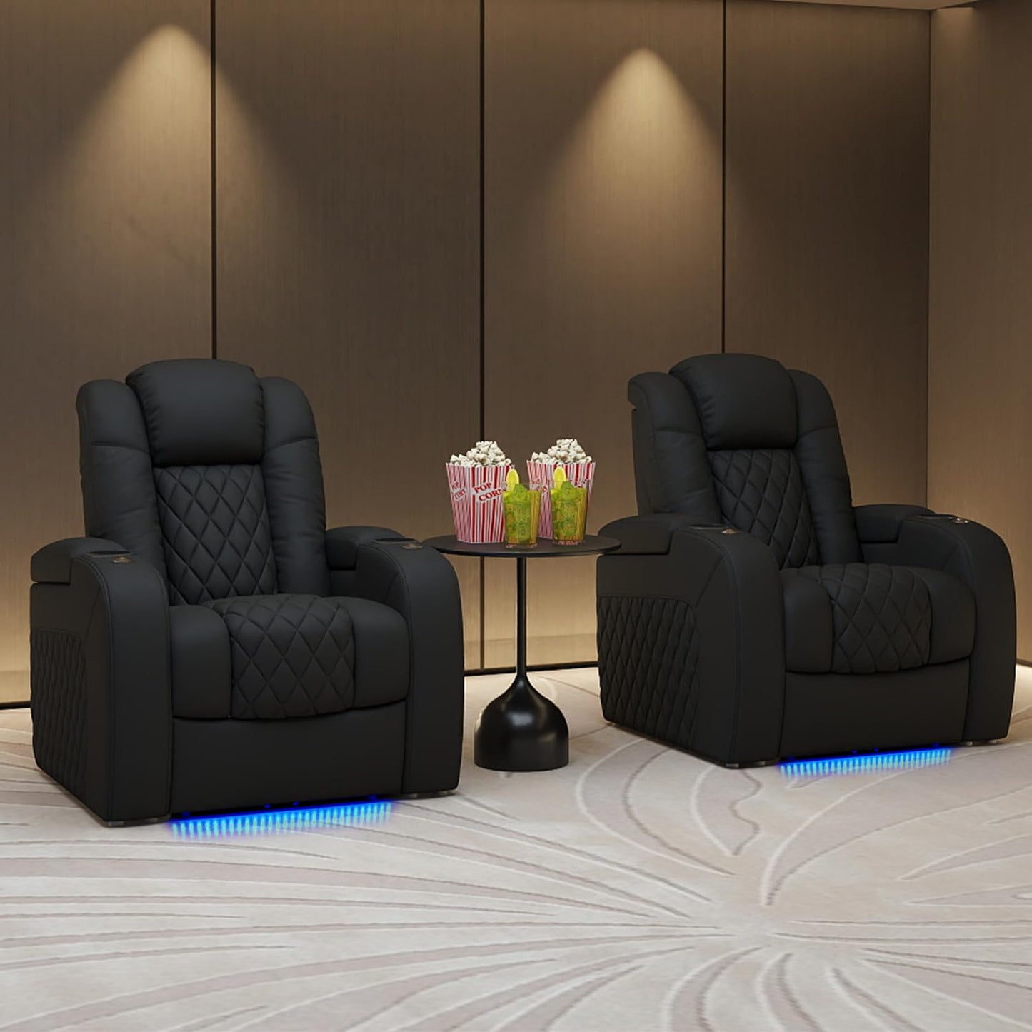 PBRO Home Theater Seating Genuine Leather Recliner Chair, Power Reclining & Headrest, USB A/C Charging Ports, Tray Table, Cup Holder Ambient Lighting Black 2 Set