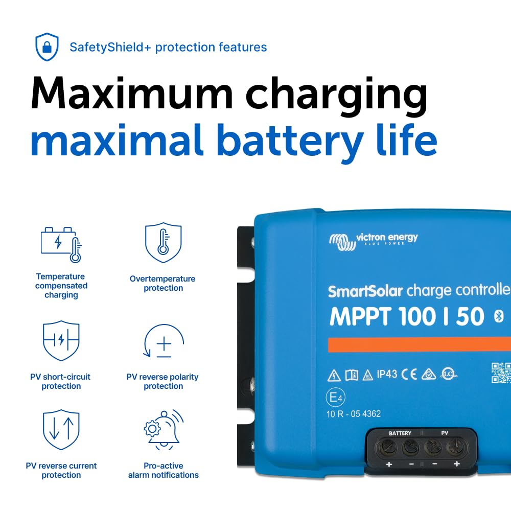 Victron Energy SmartSolar MPPT Solar Charge Controller (Bluetooth) - Charge Controllers for Solar Panels - 100V, 50 amp, 12/24-Volt
