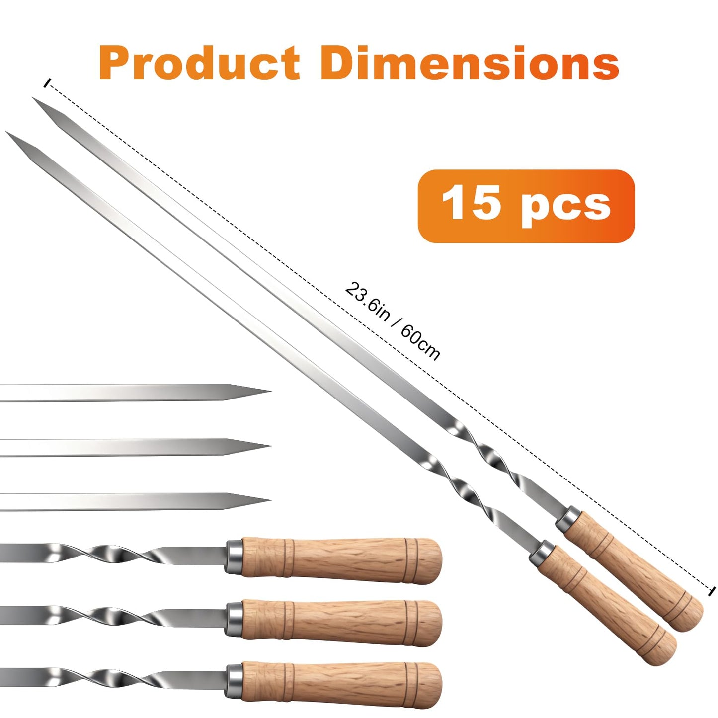 Idong 15 PCS Kabob Skewers 23.6" Large Size Flat Stainless Steel BBQ Skewers for Grilling Meat with Wood Handle, Reusable Metal Grilling Set for Koobideh Persian Shrimp Chicken Vegetable Kebab Fork
