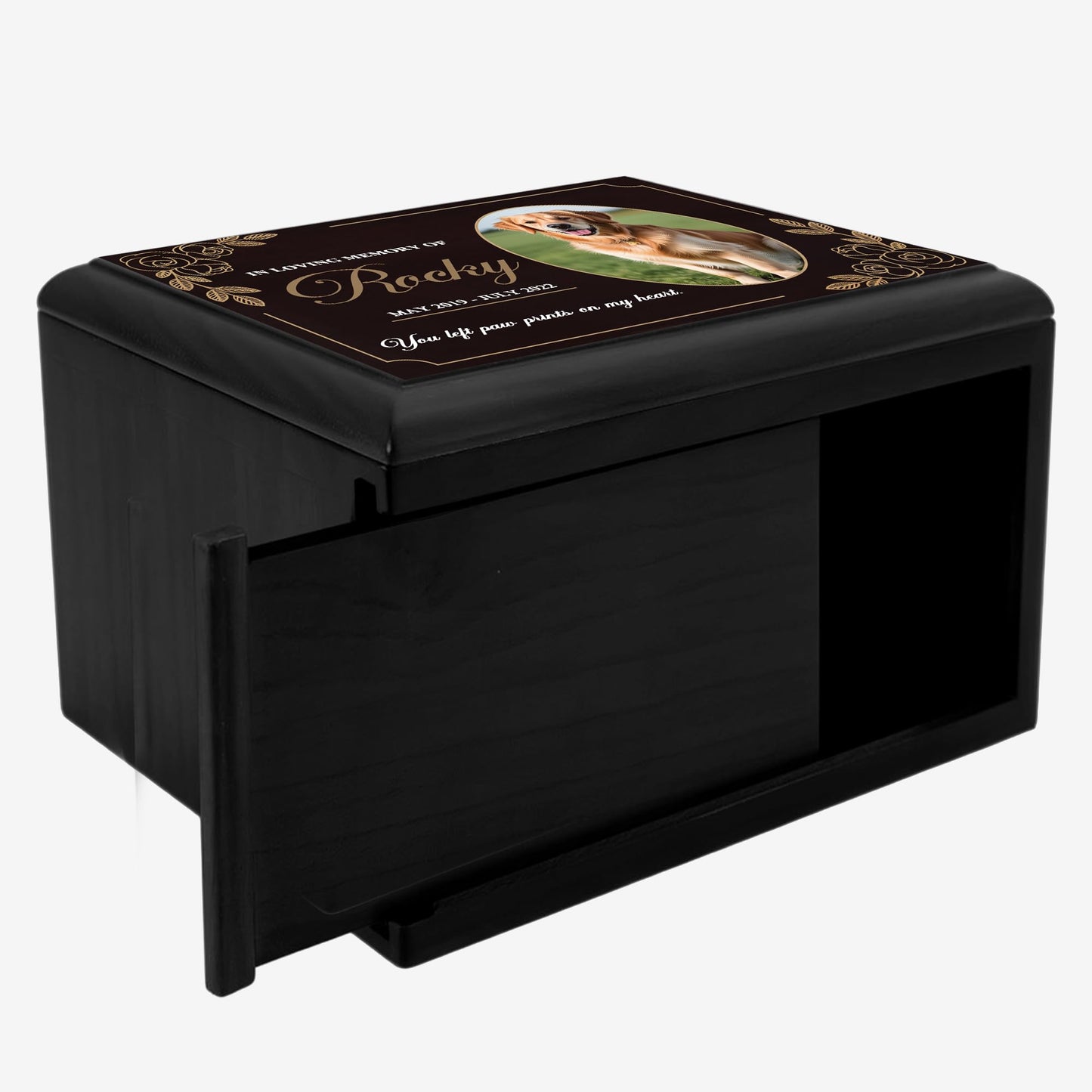 Personalized Wooden Urns for Dog Ashes - Custom Cremation Urn for Dogs up to 170 lbs - Add Your Pet Photo and Text - Custom Burial Memorial Keepsake - Black Design 6