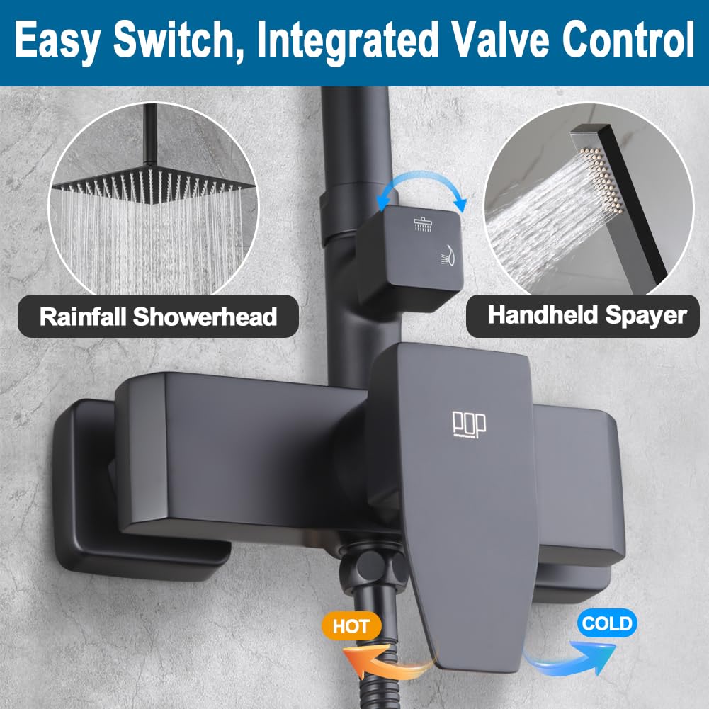 POP SANITARYWARE Matte Black Outdoor Shower System | Solid Brass Valve & Stainless Steel Rainfall & Handheld Combo