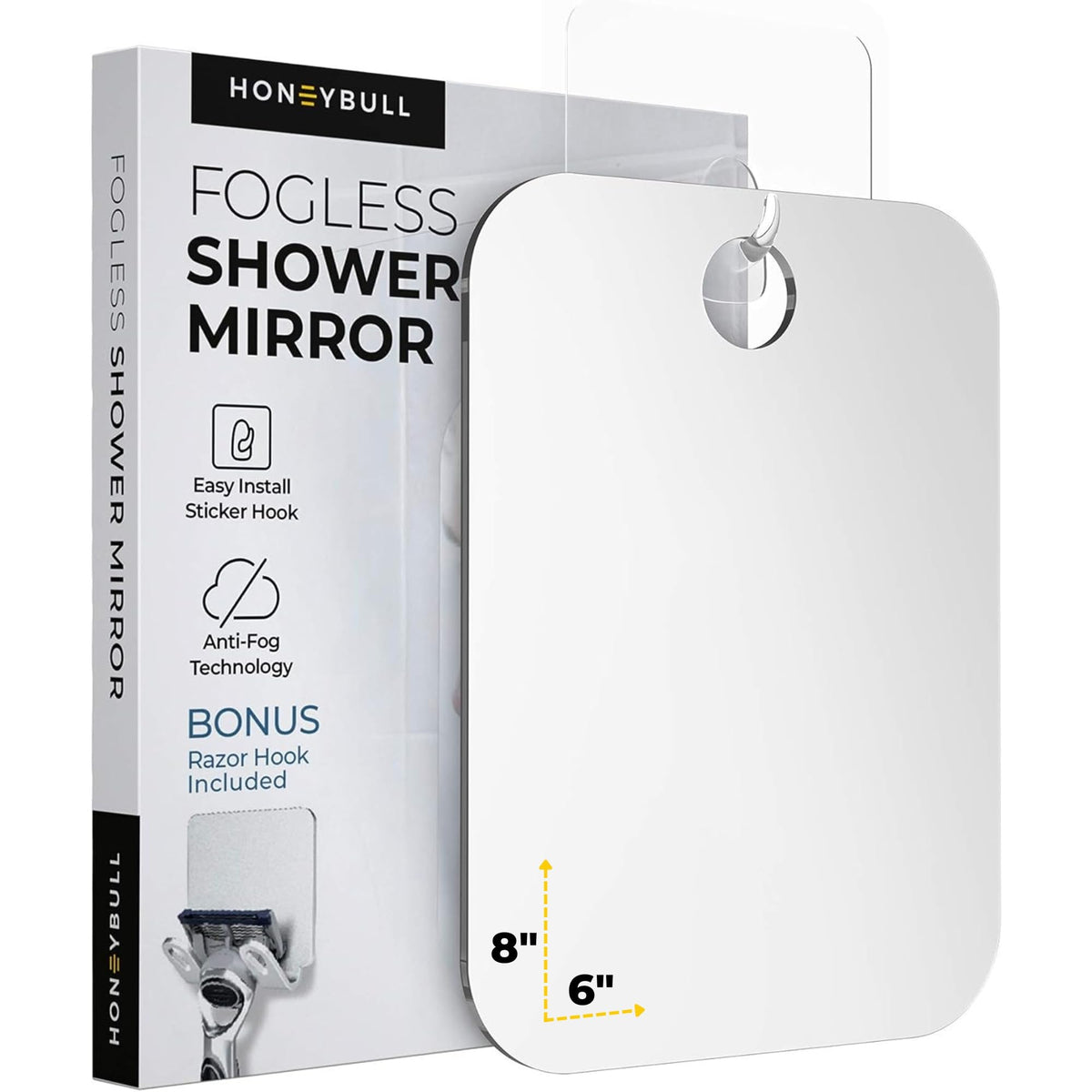 HONEYBULL Fogless Shower Mirror for Shaving, No Drill Mount, Compact 6x8in