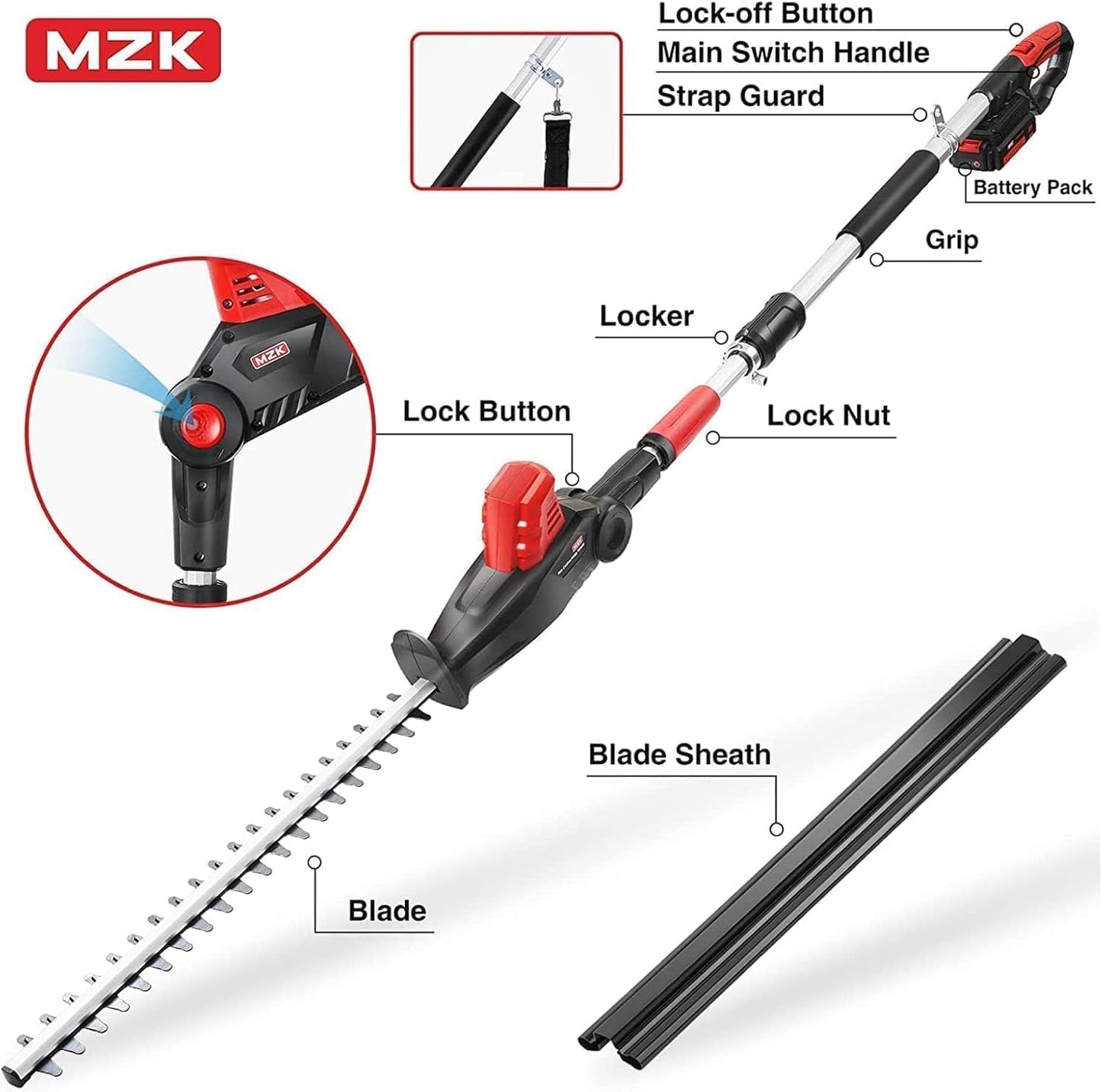MZK 20V MAX 23-inch Cordless Pole Hedge Trimmer Attachment, 8-Feet Reach, Electric Hedge Trimmer with Extension Pole, Multi-Angle, for Garden Lawn Trimming(Two Batteries and Charger Included)
