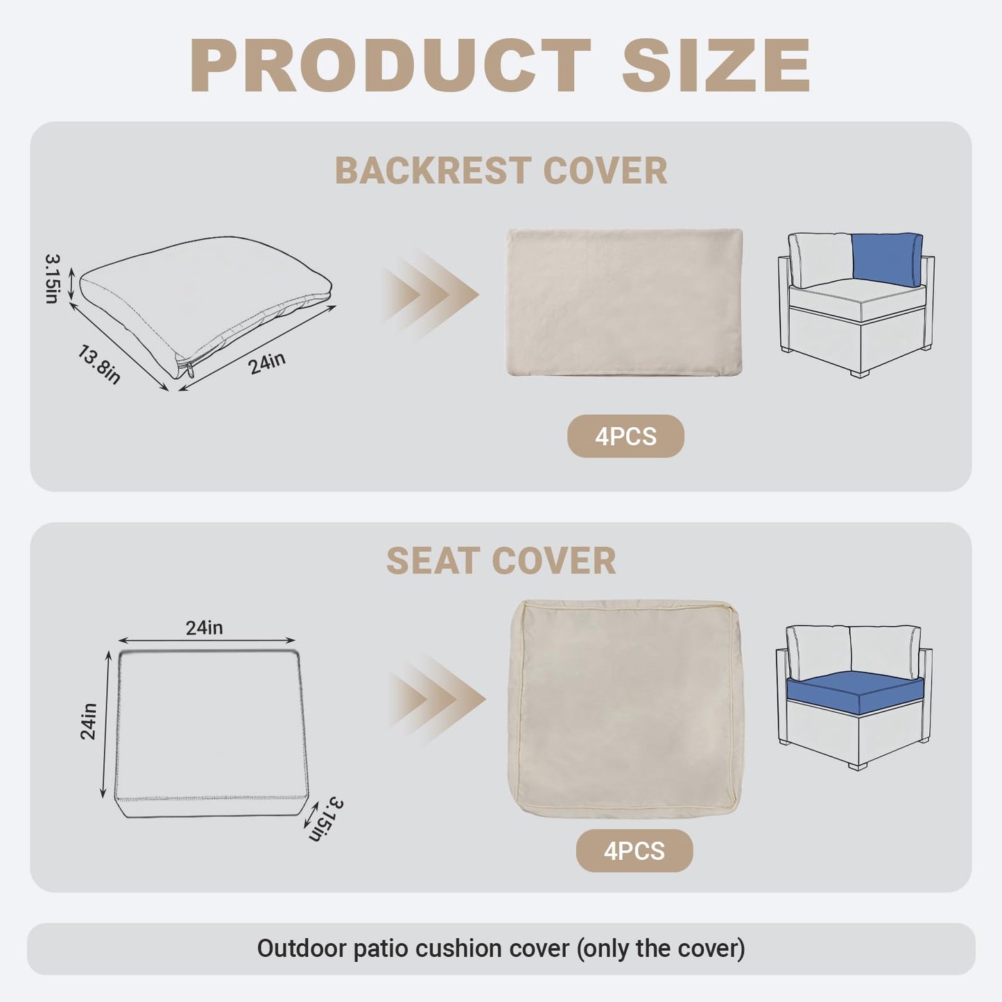 Loungewave 8Pcs Outdoor Cushion Covers, Patio Cushion Covers Replacement for Patio Furniture Sofa Couch, Soft Flexibility Washable Reusable Furniture Protector (Beige,Cover Only)