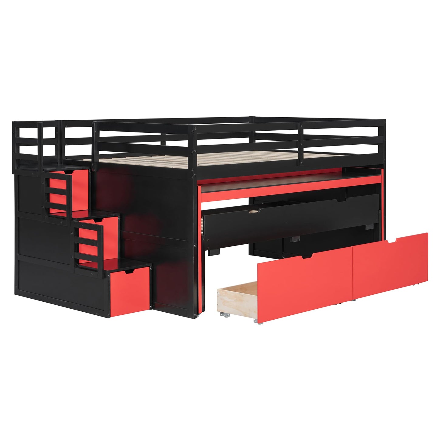 Virubi Full XL Loft Bed with Pull-Out Desk and Twin Trundle, Multi-Functional Bunk Bed with Storage Steps & 2 Drawers, Space-Saving Gaming & Workstation Bedframe (Black+Red, Full XL)