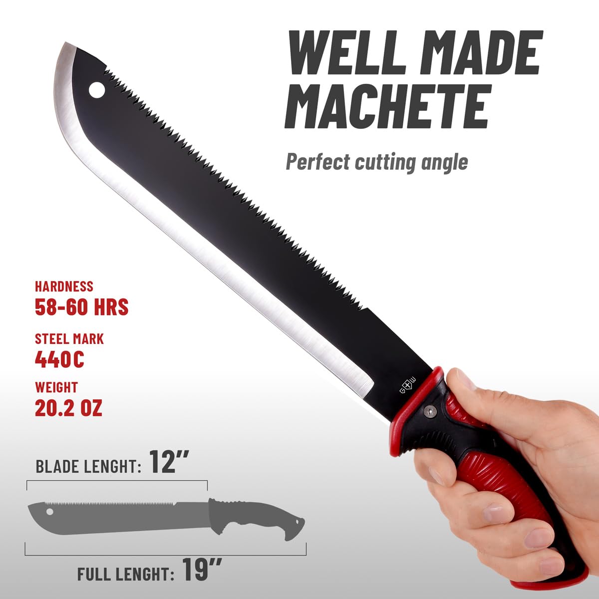 Machete with Saw - 19” Heavy Duty Tool & Sheath - Ergonomic No-Slip Handle - Survival Knife with Serrated Blade - Machetes for Bushcraft Hunting Garden Cutting Trees and Yard Work 111084