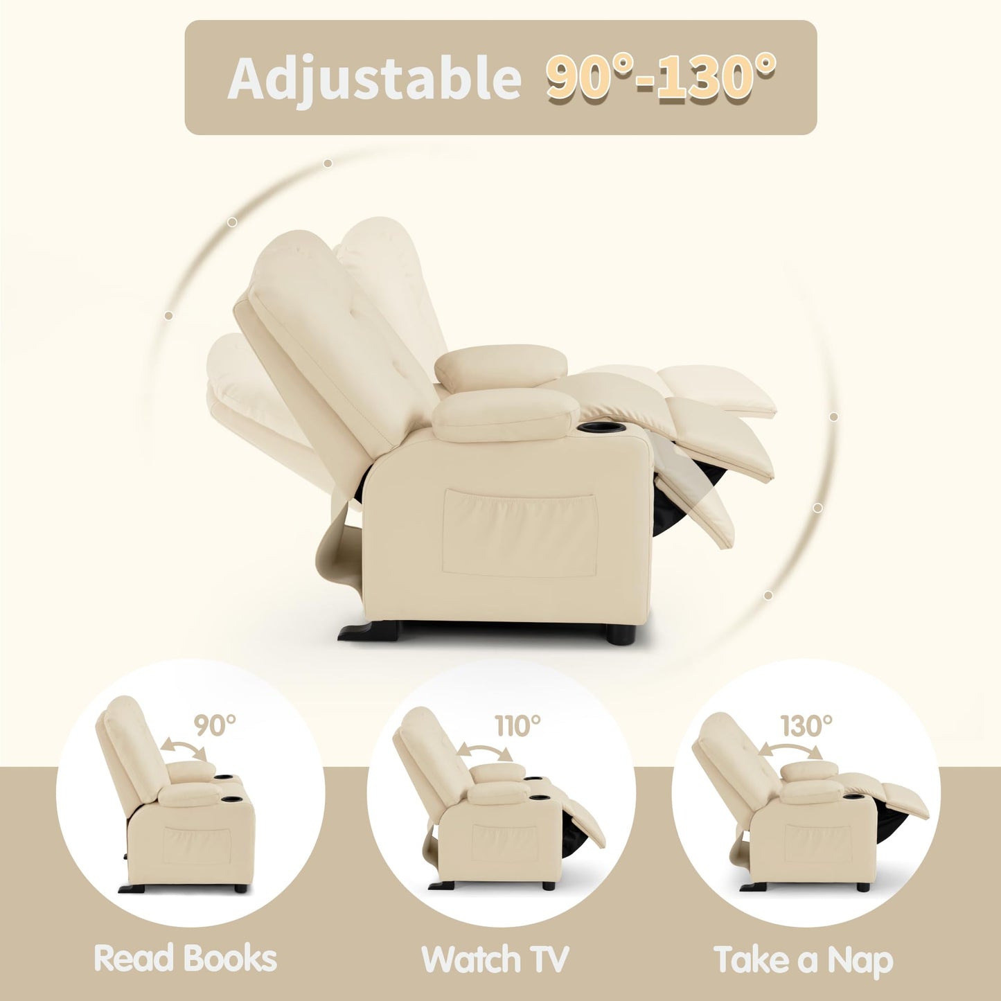 MCombo Big Kids Recliner for Ages 3+, Child Reclining Chair, Toddlers Recliner Sofa with Cup Holders, Faux Leather, 7322(Cream White)