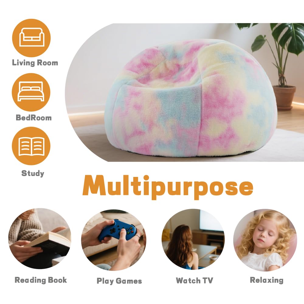 Modern Soft Fluffy Bean Bag Chair With Faux Rabbit Fur Cover, Memory Foam Bean Bag Chairs For Kids Teens, Furry Fuzzy Faux Fur Fabric Beanbag, Round Rainbow Plush Sofa For Bedroom, Living Room, Dorm