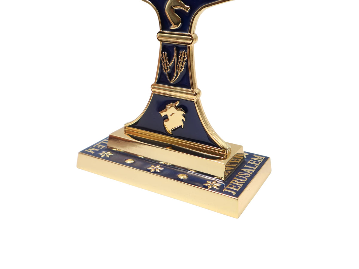 Ateret Judaica 7 Branch Temple Menorah, Blue Enamel Jerusalem Design with 12 Tribes of Israel, Biblical Seven Candle Holder (10.8 inch)