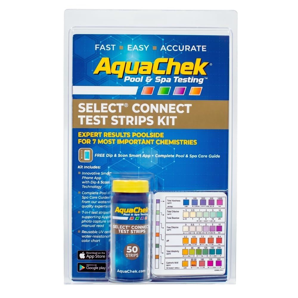 AquaChek Select Connect 7-Way Pool and Spa Test Strips Complete Kit - Pool Test Strips for pH, Total Chlorine, Free Chlorine, Bromine, Alkalinity, Total Hardness, and Cyanuric Acid - (50 Strips)