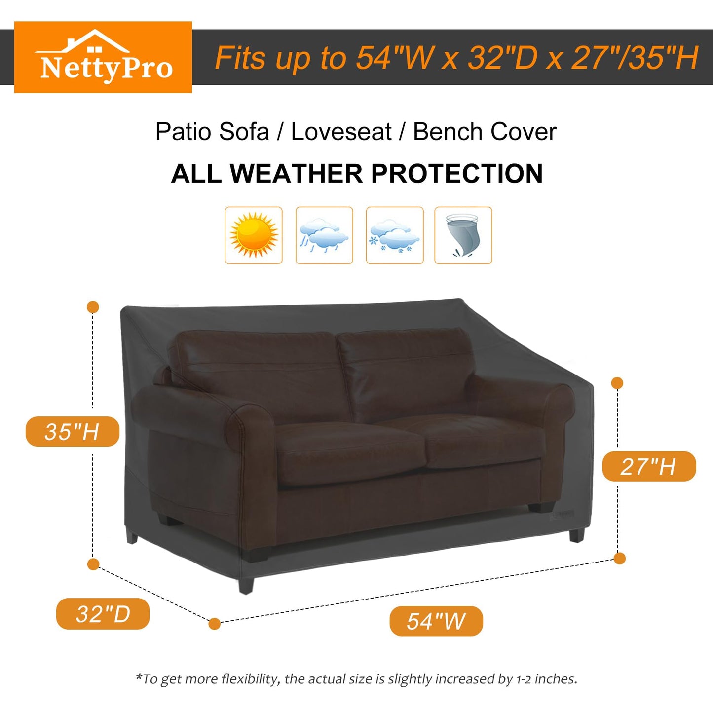 NettyPro Patio Loveseat Sofa Cover Waterproof Heavy Duty Outdoor Couch Furniture 2 Seater Cover, 54" Wx 32" Dx 35" H, Black