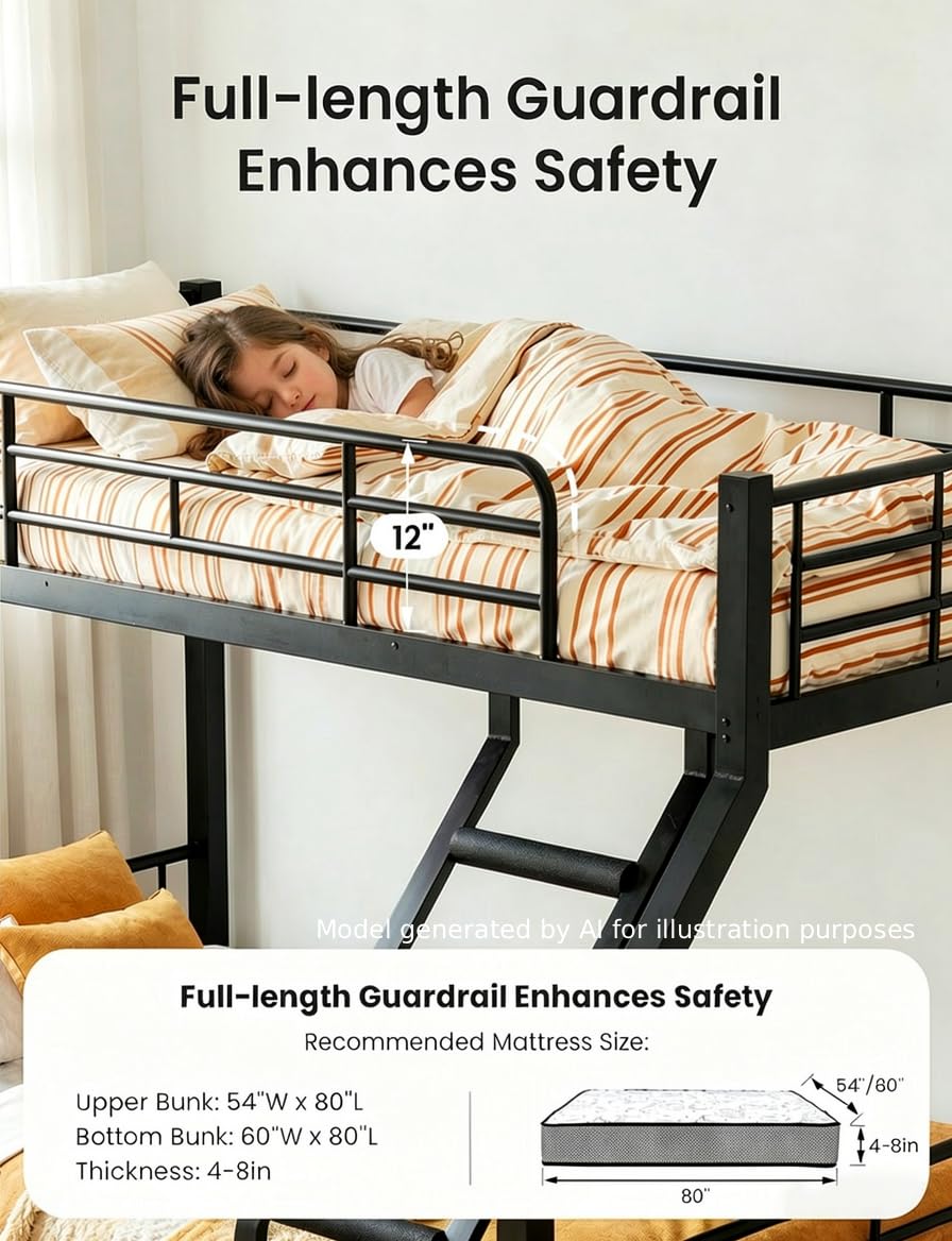 Twin XL Over Queen Bunk Bed, Heavy Duty 600lbs Bed Frame, Safety Guardrails
