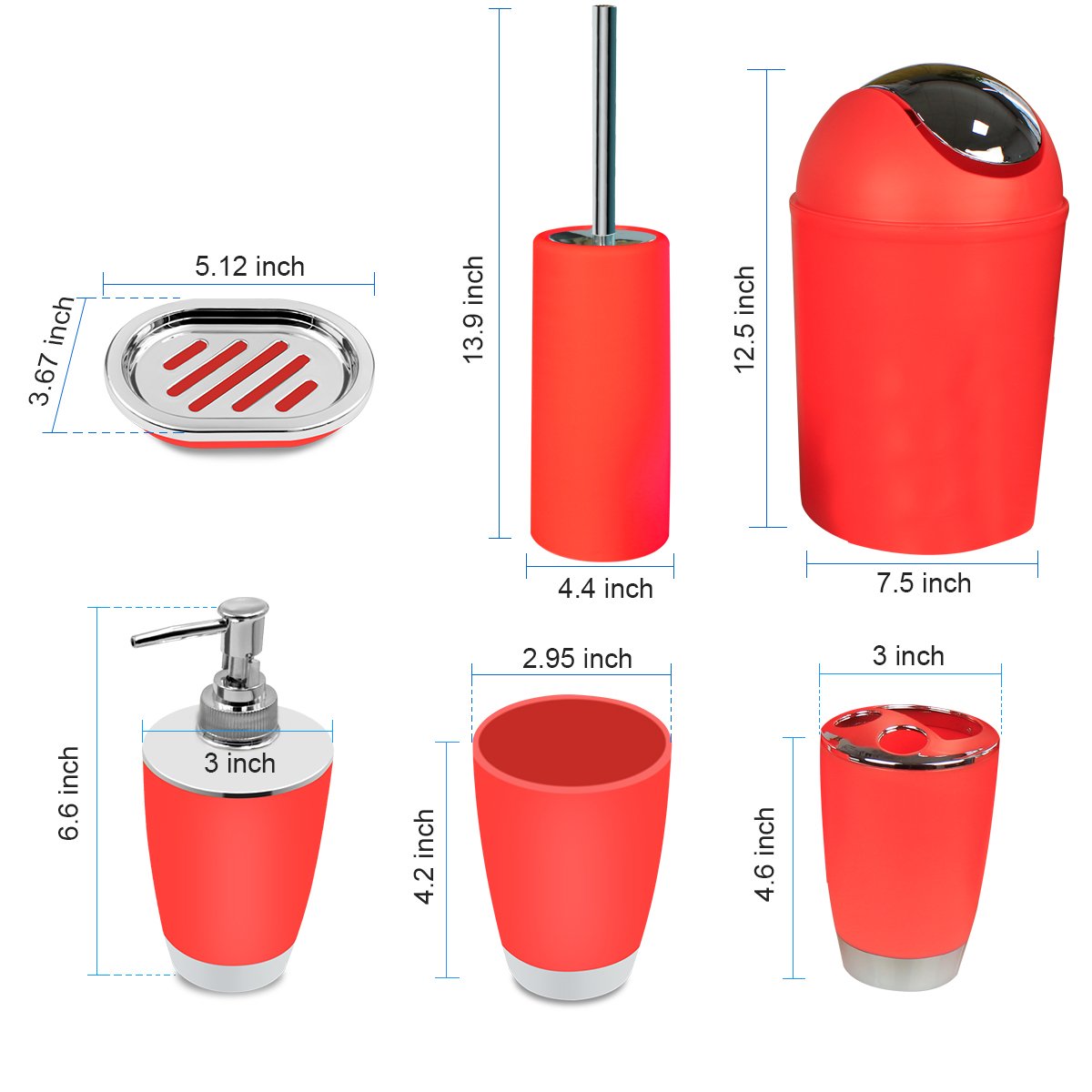 Bathroom Accessories Set, 6-Piece Plastic Gift Set, Toothbrush Holder, Toothbrush Cup, Soap Dispenser, Soap Dish, Toilet Brush Holder, Trash Can (RED)