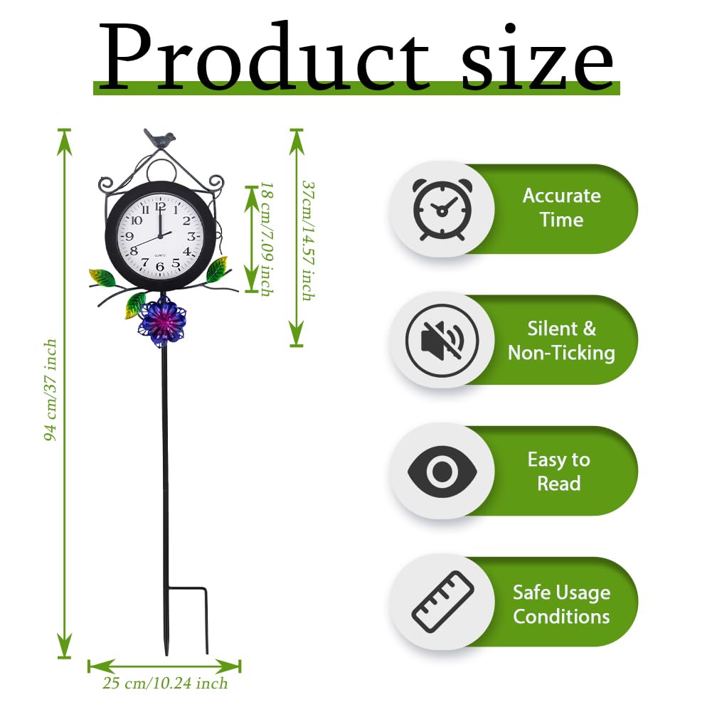 STANKGARDEN Outdoor Clock with Garden Stake, Flower Birdhouse Outdoor Wall Clock Waterproof, Silent No-Ticking Outdoor Clocks for Garden, Patio, Yard, Fence