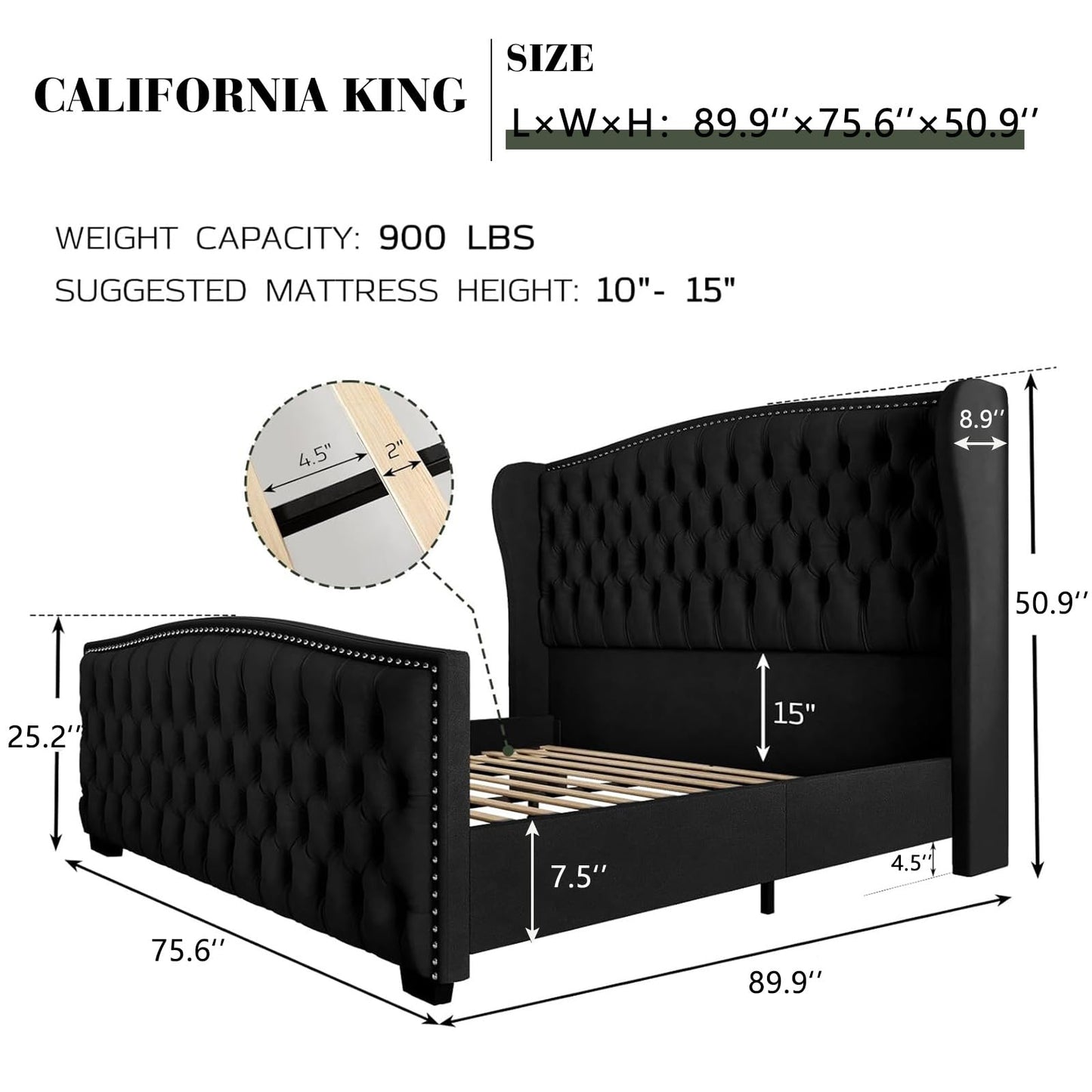 AMERLIFE California King Platform Bed Frame with Upholstered Headboard